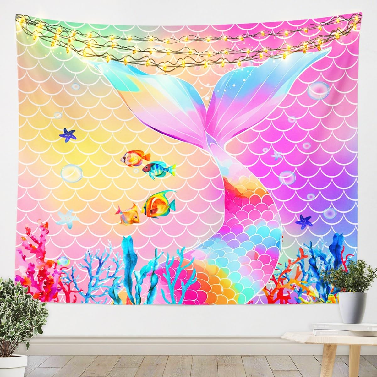 Erosebridal Kawaii Mermaid Tail Tapestry Kids Rainbow Gradient Wall Tapestry Girls Cute Mermaid Princess Bedroom Living Room Decor Lovely Pastel