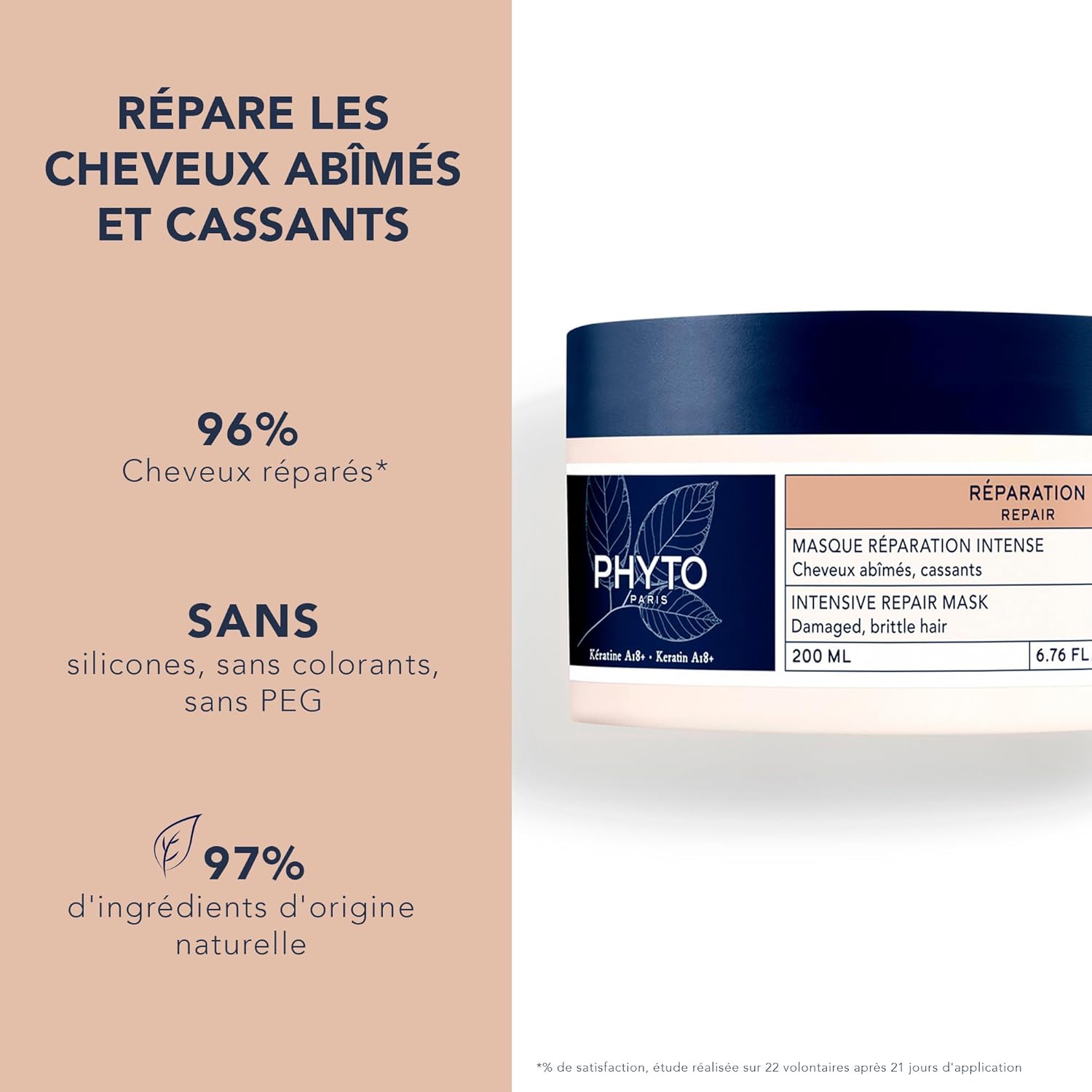 PHYTO PARIS REPAIR Intensive Restructuring Mask, Vegan, Silicone Free, Restores and Strengthens Damaged Hair and Brittle Hair Fibers, 6.76 fl.oz.