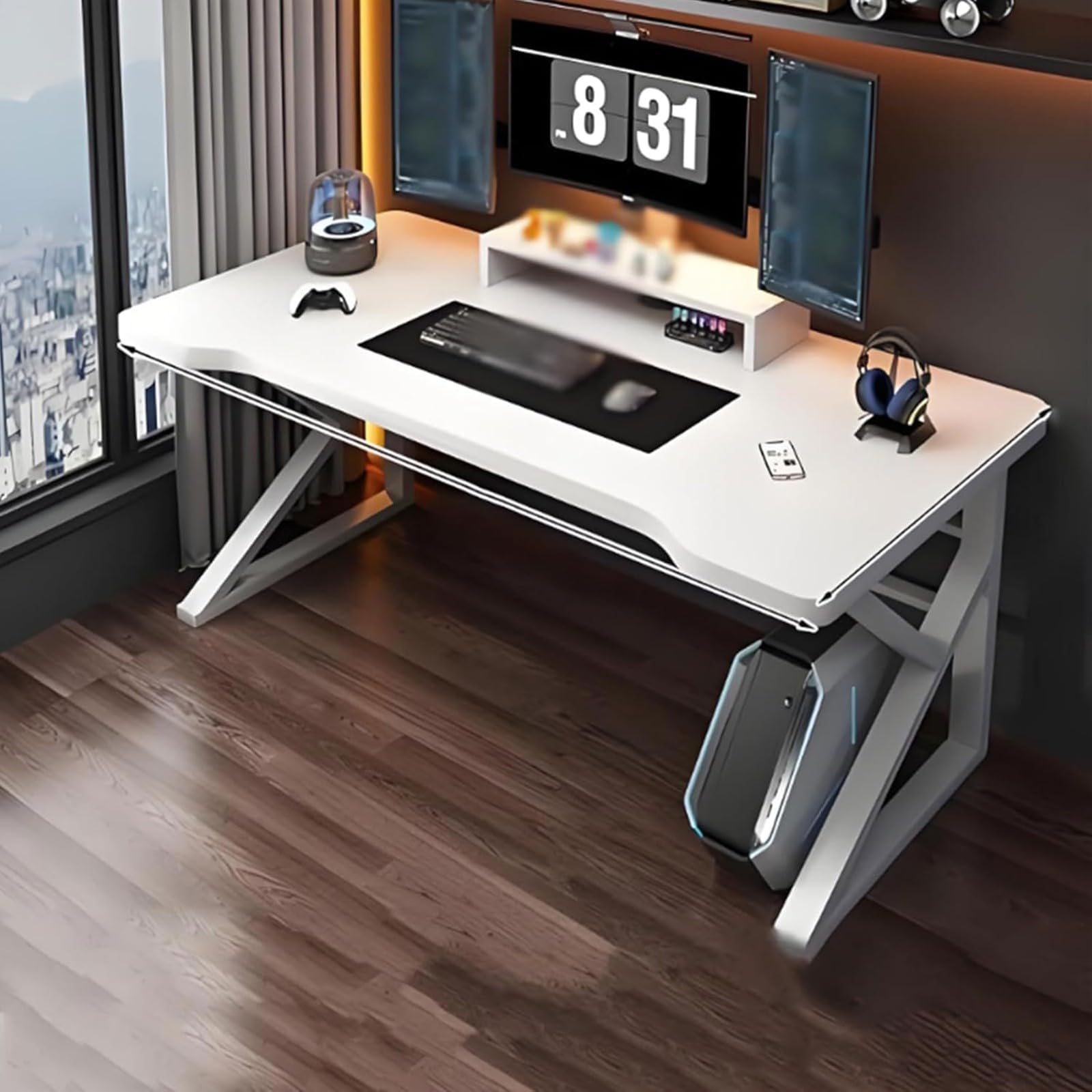 SXZenSpace Computer Desk, Gaming Modern Writing K-Shaped Metal Legs, Workstation Desk with Raised Shelf, Suitable for Home Office, etc White,120cm