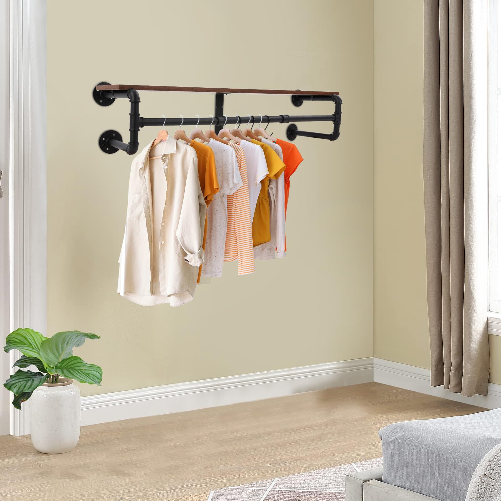 Wandgarderobe mit Ablage, Industrielle Kleiderstange zur Wandmontage, Wandregal mit 3 verstellbaren Haken, Wandmontiertes Hängeregal für Wohnzimmer, Schlafzimmern, Eingang, 100x22x25 cm (Schwarz)