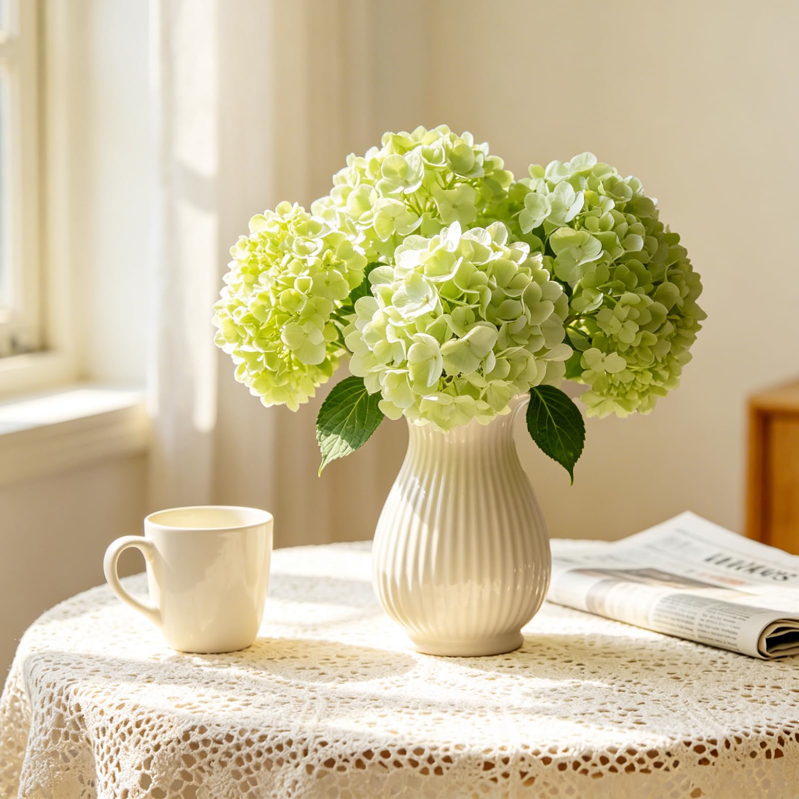 Photo 1 of Playfizz Real Touch Artificial Hydrangea Flowers, 4 Pcs Large Faux Hydrangeas with 7.9" Full Bloom Heads, UV Resistant Long Stems for Wedding Centerpieces, Home, Table & Outdoor Decor,Light Green