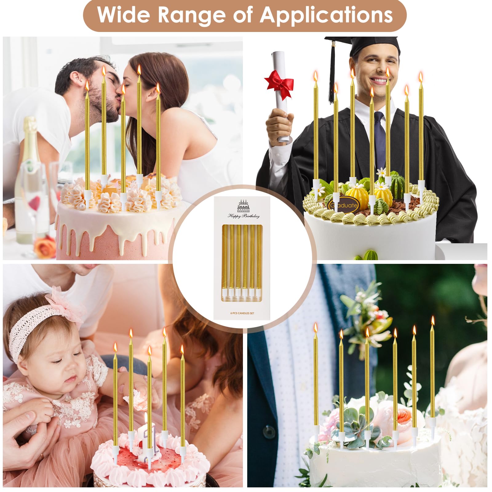 Bougies Anniversaire Dorée 36 Pièces avec Supports Longues et Fines Gold pour Gâteau Fête