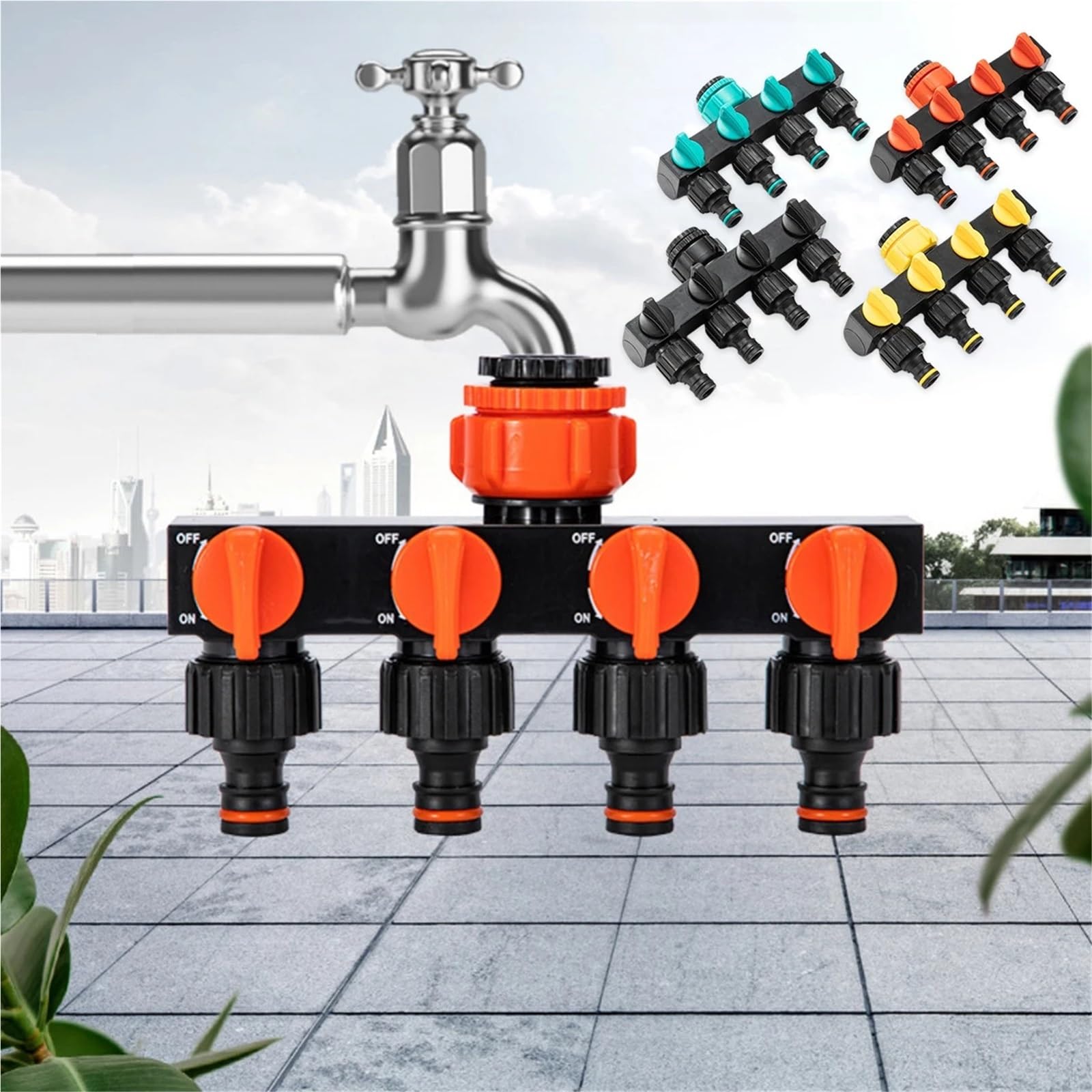 Conector de Grifo 4 vías, Accesorios jardín, Distribuidor Agua, Suministros riego, Herramienta, Sistema Divisor Manguera for el hogar, 2 uds para Grifo, Manguera de Jardín(Orange)