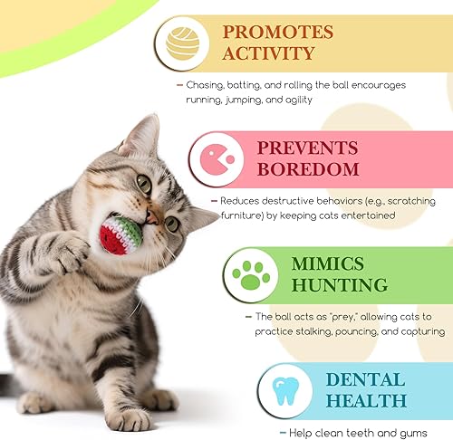 Miniatura 7 de Paquete de 12 bolas de juguete para gatos con campana en el interior, bolas de hilo de lana tejidas a mano de 1.35 pulgadas para gatos de interior,