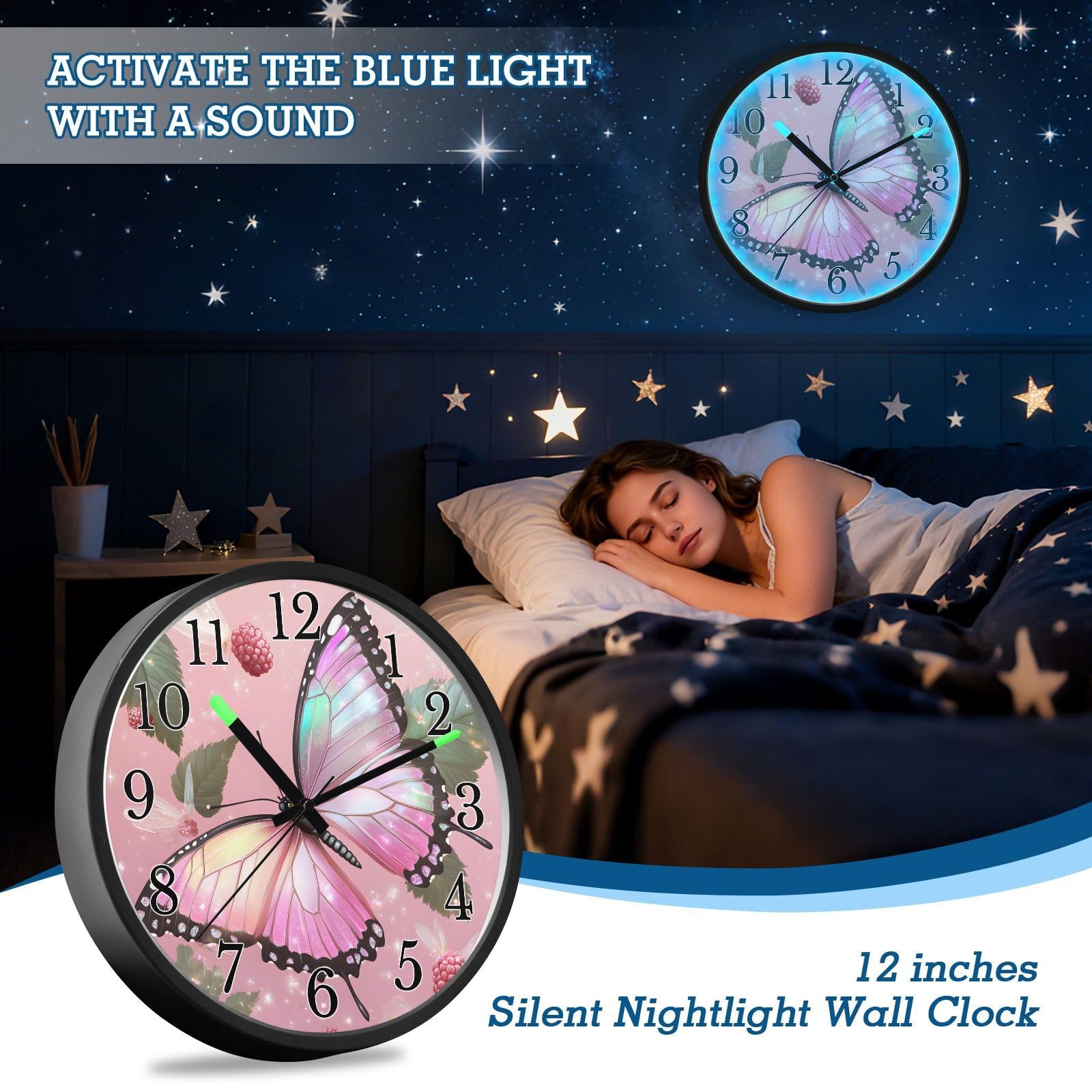 Mnsruu Reloj de pared luminoso con mariposas rosas, reloj de dormitorio, funciona con pilas, silencioso, brilla en la oscuridad, para sala de estar, cocina, 12 pulgadas