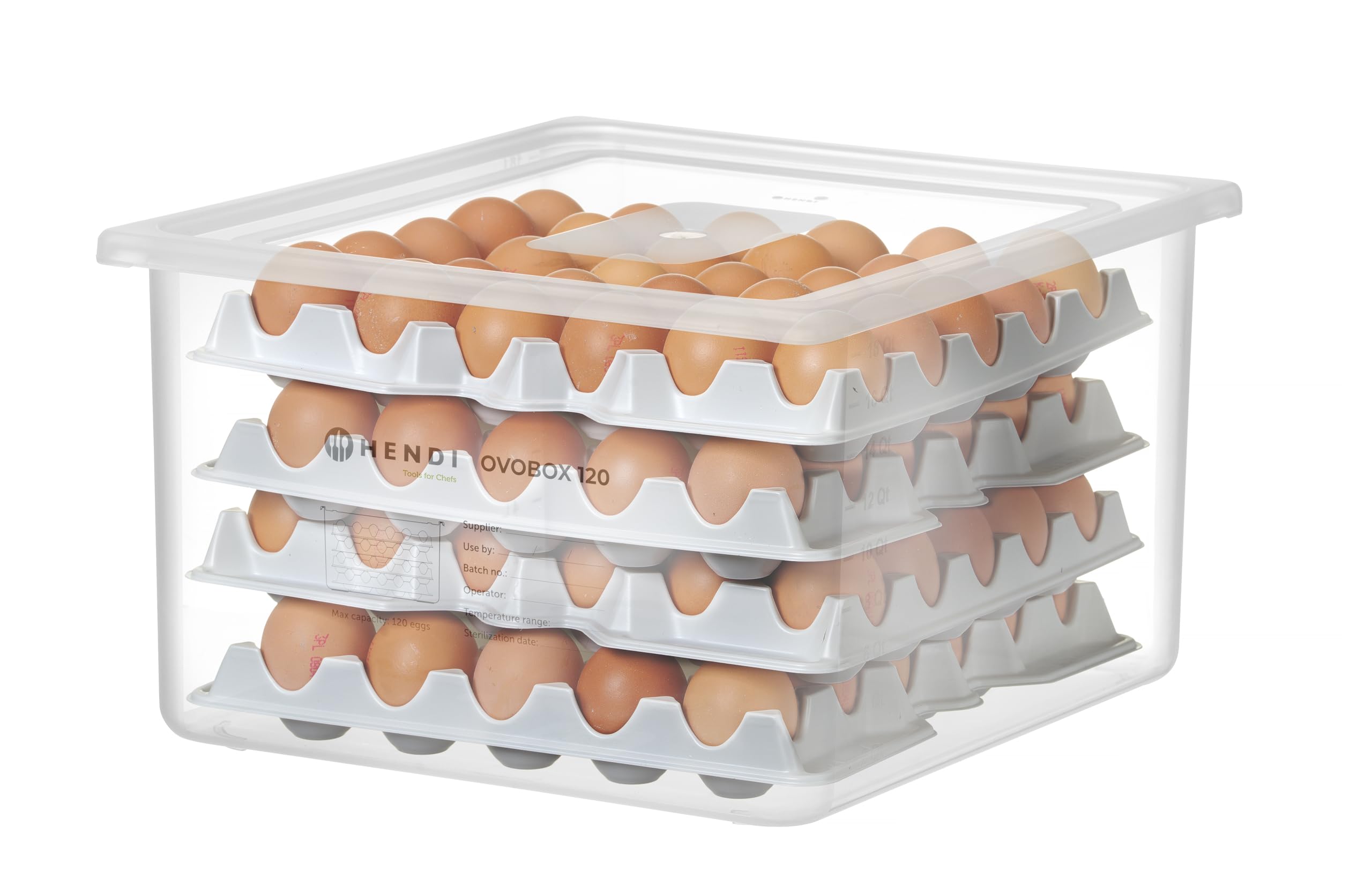 HENDI Contenedor para huevos OVOBOX 120, con tapa y 8 bandejas, GN 2/3, 18L, 355x325x(H) 200mm, PP y PS