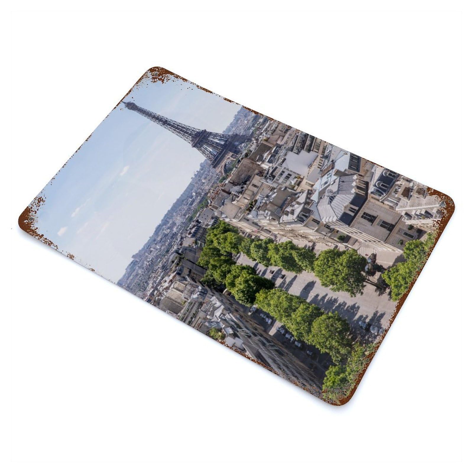 Paris Street View with Eiffel Tower Decorative Tin Sign 11.8"x7.9", Old School Wall Decor for Garage, Pub Or Kitchen