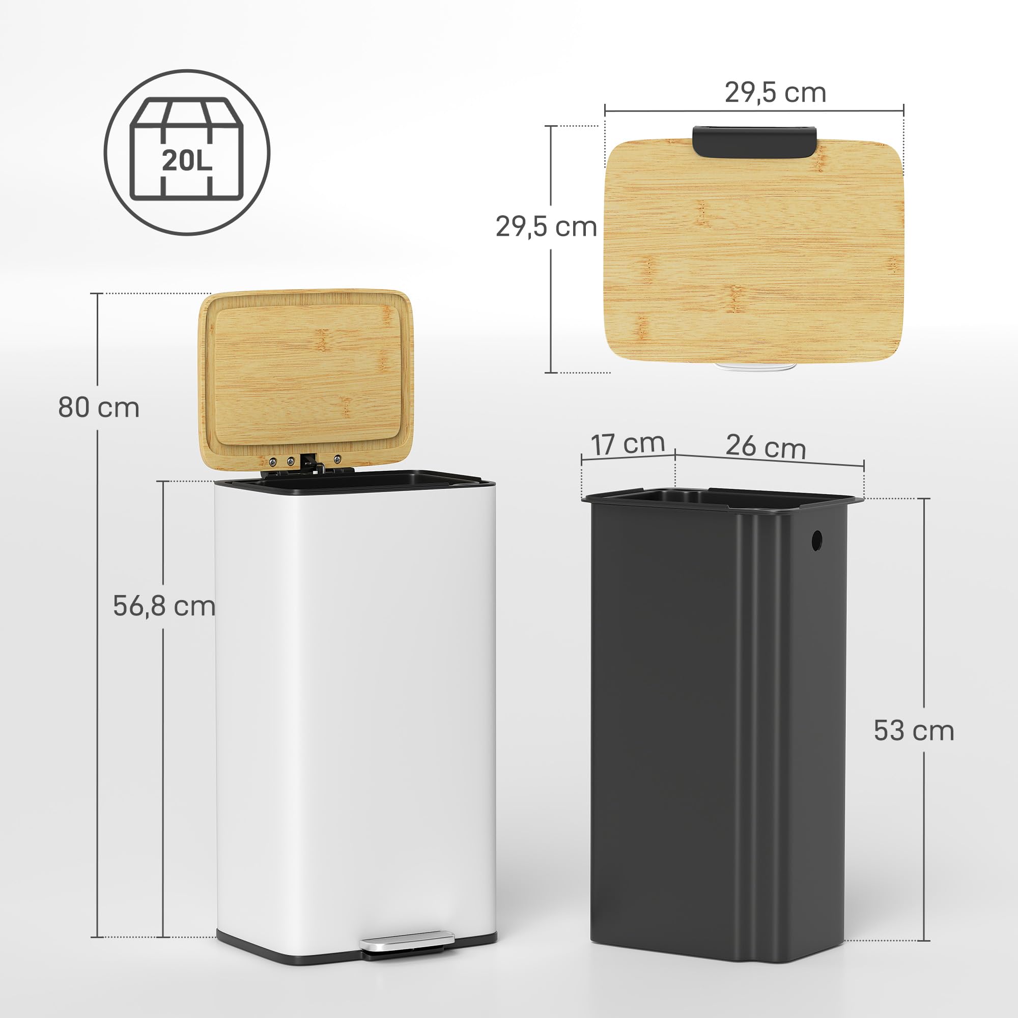 HOMCOM Cubo de Basura Cocina con Pedal, 20L, Tapa de Bambú de Cierre Suave, Papelera de Cocina con Cubo Interior Extraíble, Anti-Huellas, para Dormitorio, Salón, 29,5x29,5x56,8 cm, Blanco y Natural