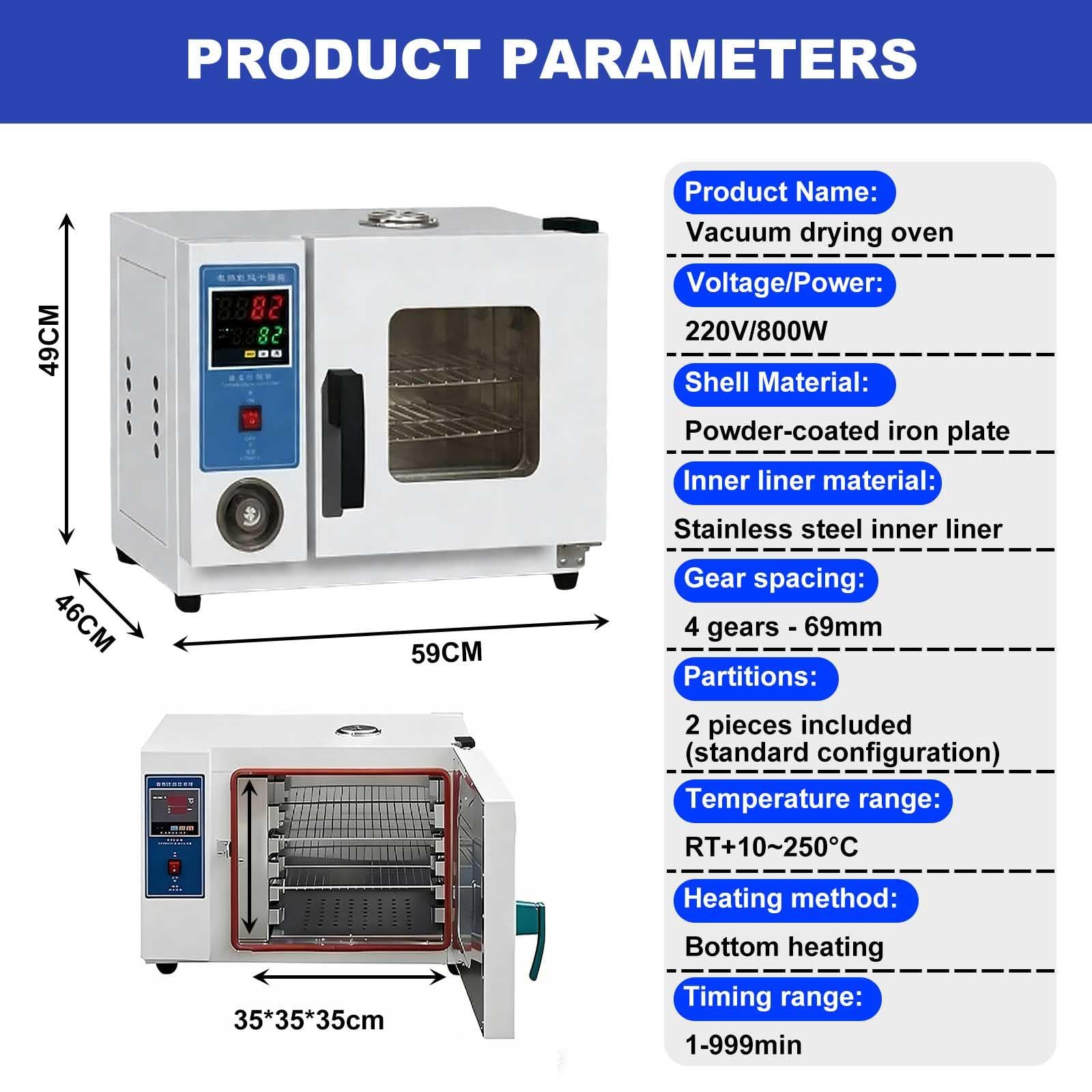 Hornos De Secado Al Vacío, Hornos De Secado Por Aire De Temperatura Constante De 16l/43l, Diseño De Doble Velocidad, Capa De Aislamiento Engrosada,Adecuados Para Producción E Investigación. 43L