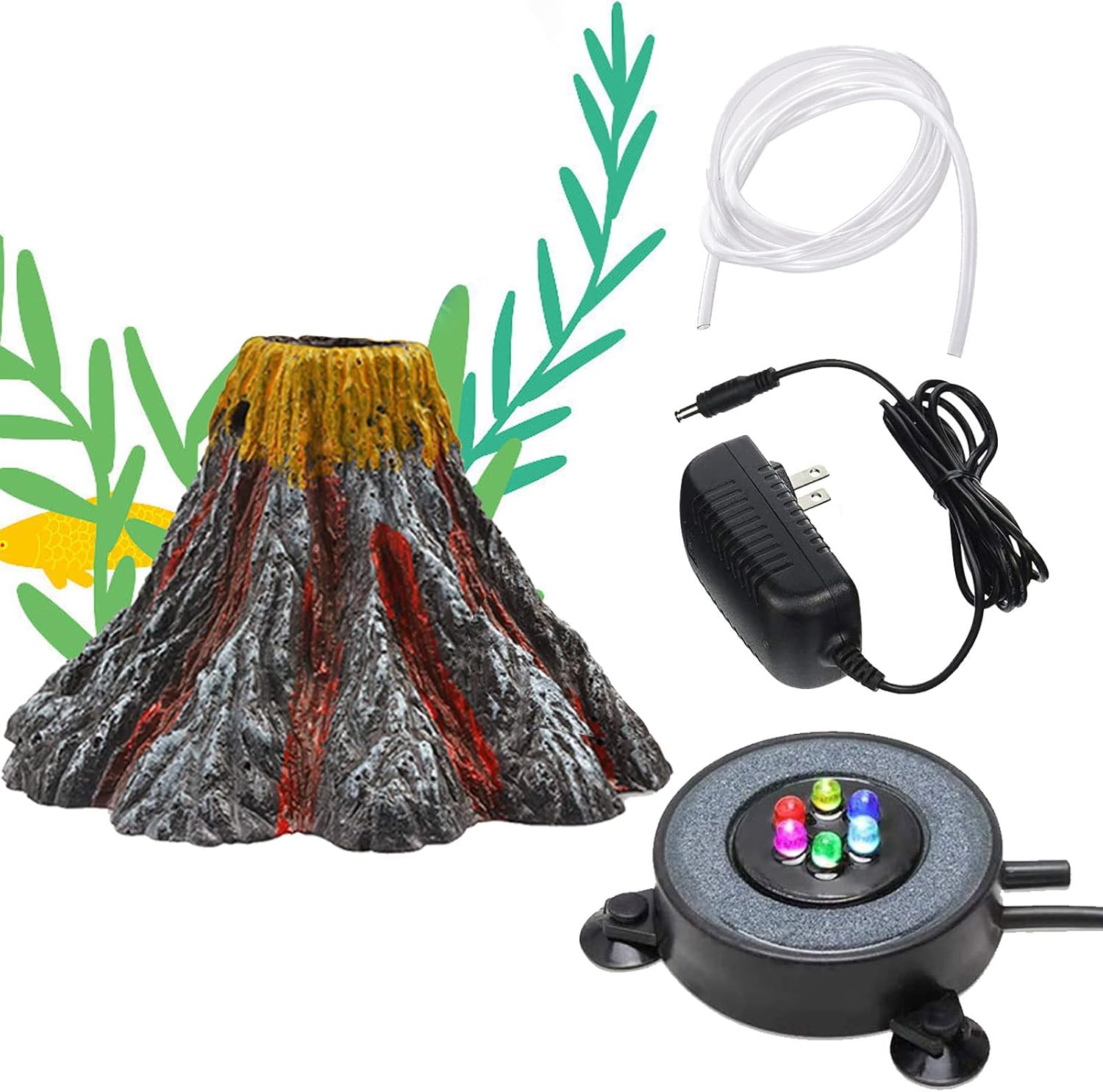 YWNYT Aquarium Vulkaan Bubble Ornament Kit, Fish Tank Air Bubbler Stone met Luchtpomp, Aquarium Licht met 6 LED's, Vulkanische Steen Berggrot Decoraties met Luchtpijp voor Oxygenatie Apparaat
