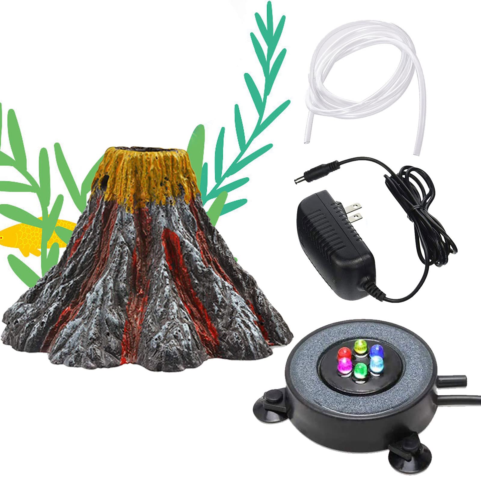 Aquarium Volcano Ornament Kit, Multi Colour LED Light Air Stone & Air Pump Accessories, Aquarium Bubbler for Fish Tank Decoration