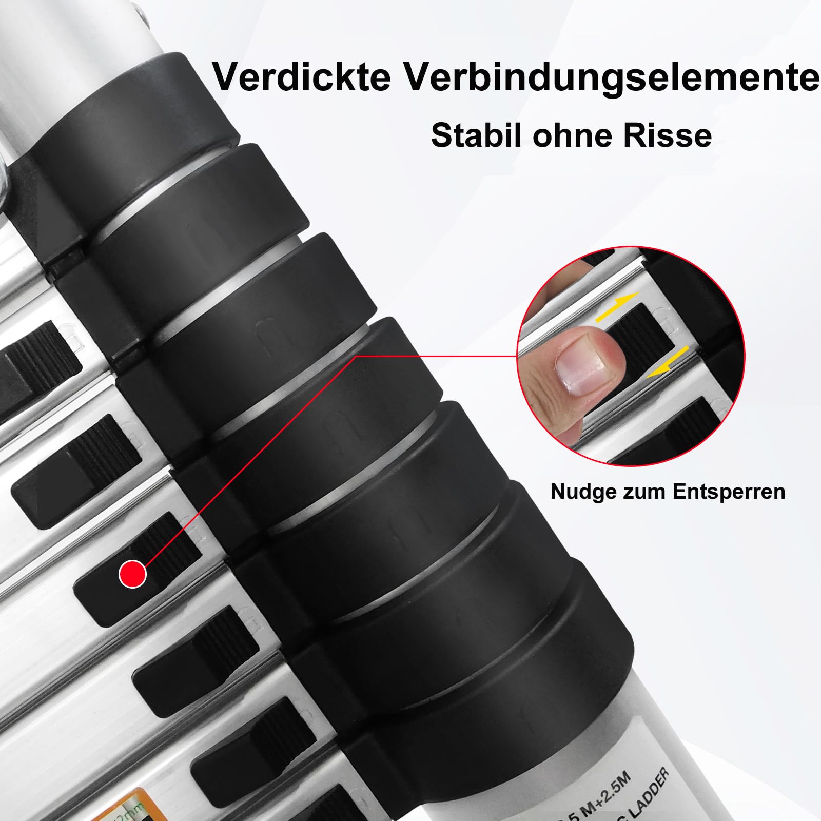 Teleskopleiter 5m Klappleiter mit Stabilisator & Rutschfesten Füßen, Mehrzweckleiter Trittleiter aus hochwertigem Edelstahl - Belastbarkeit bis zu 150kg, Leiter für Haushalt und Arbeiten im Freien