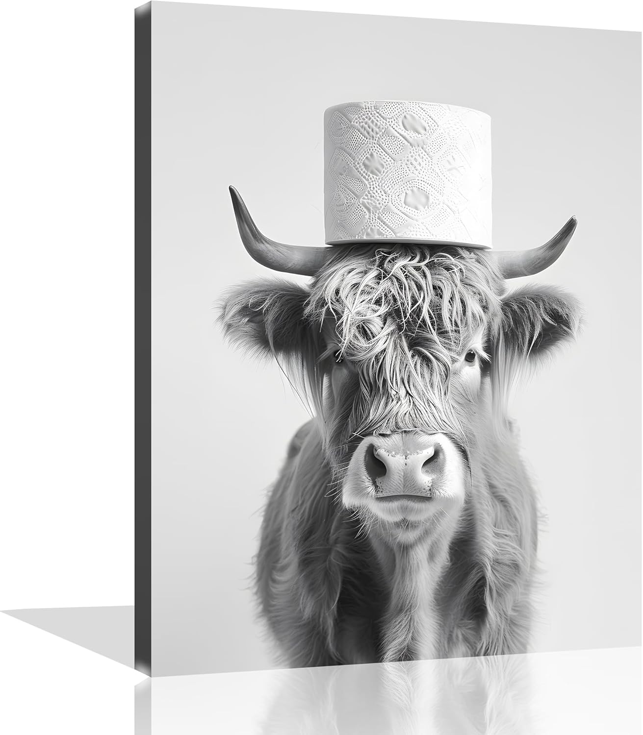 Cow Bathroom Canvas Wall Art Highland Cow Bathroom Decor Funny Animal Toilet Wall Art Black and White Animal Toilet Paper Pictures for Bath Restroom Wall Decor Framed 16X20 inch