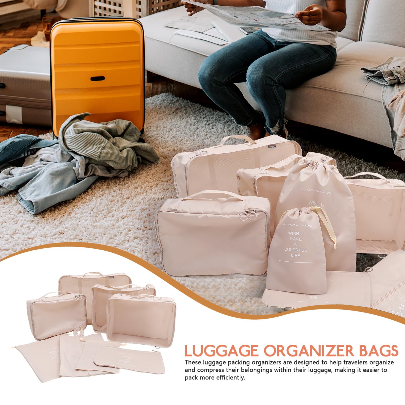Organisateurs de Voyage 8 Pièces en Polyester Beige pour Bagages