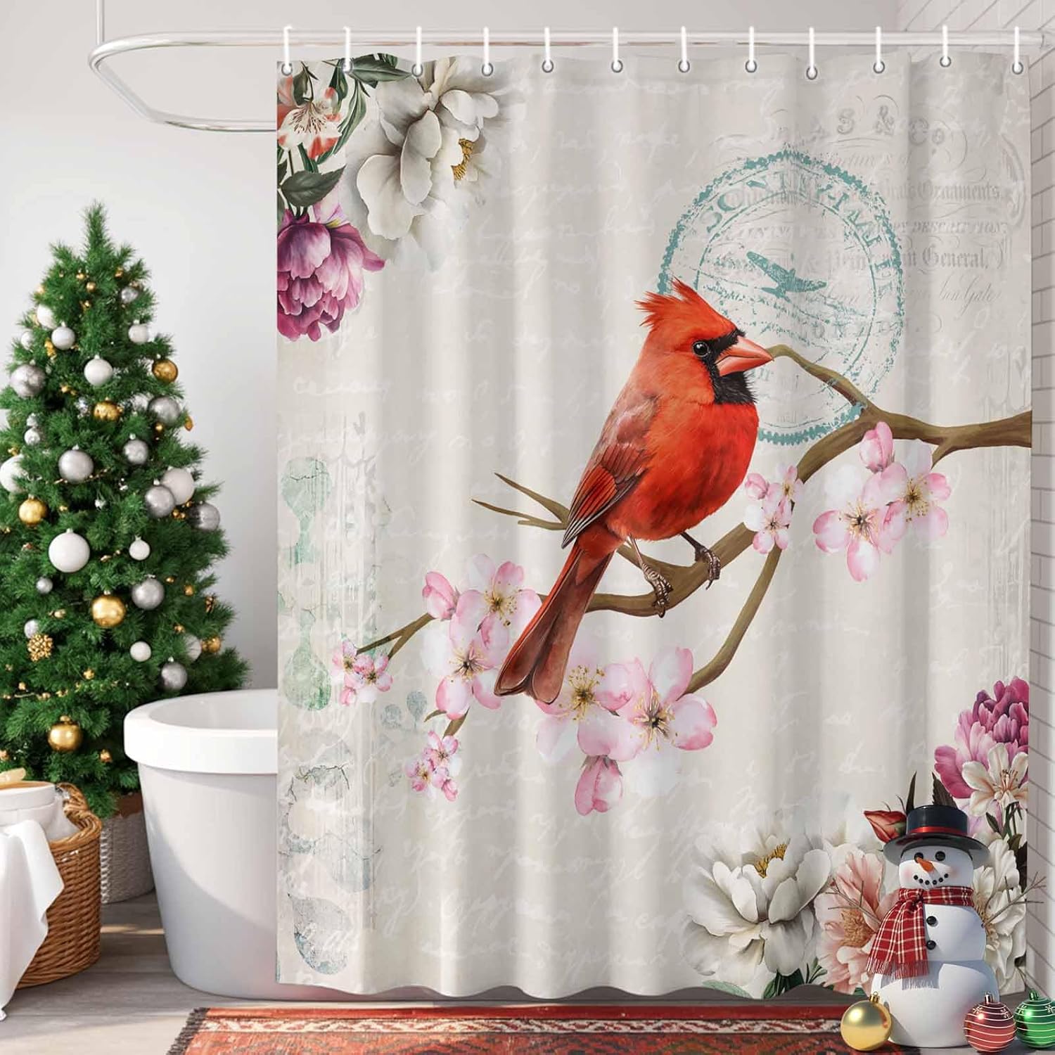 Extra Long Shower Curtain 72x96 Inch, Spring Red Bird Shower Curtain Waterproof Bathroom Decor, Summer Vintage Branch Floral Beige Fabric Bath Curtain Set Accessories with Hooks