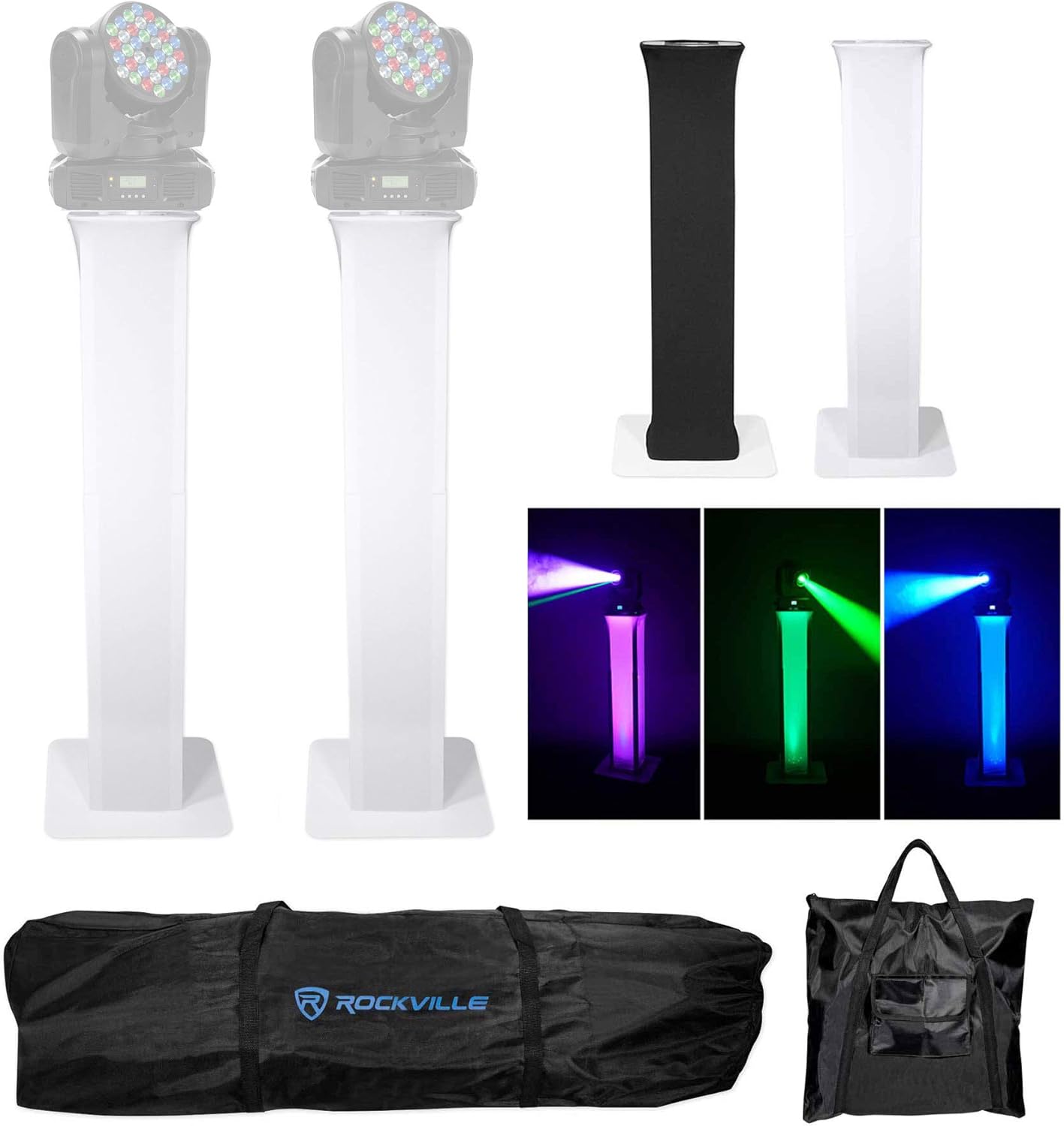 (2) Rockville RTP32W Totem Moving Head Light Stand+Black+White Scrims+Carry Bags for American DJ INNO COLOR BEAM Lights