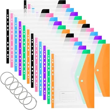 A4 Punched Pockets Plastic Wallets, Quetiyisit 24Pcs File Folders Holders Expandable Transparent Pocket File Jackets for Document Paperwork Clear Envelope with Label Pocket Snap Button Ring Binder