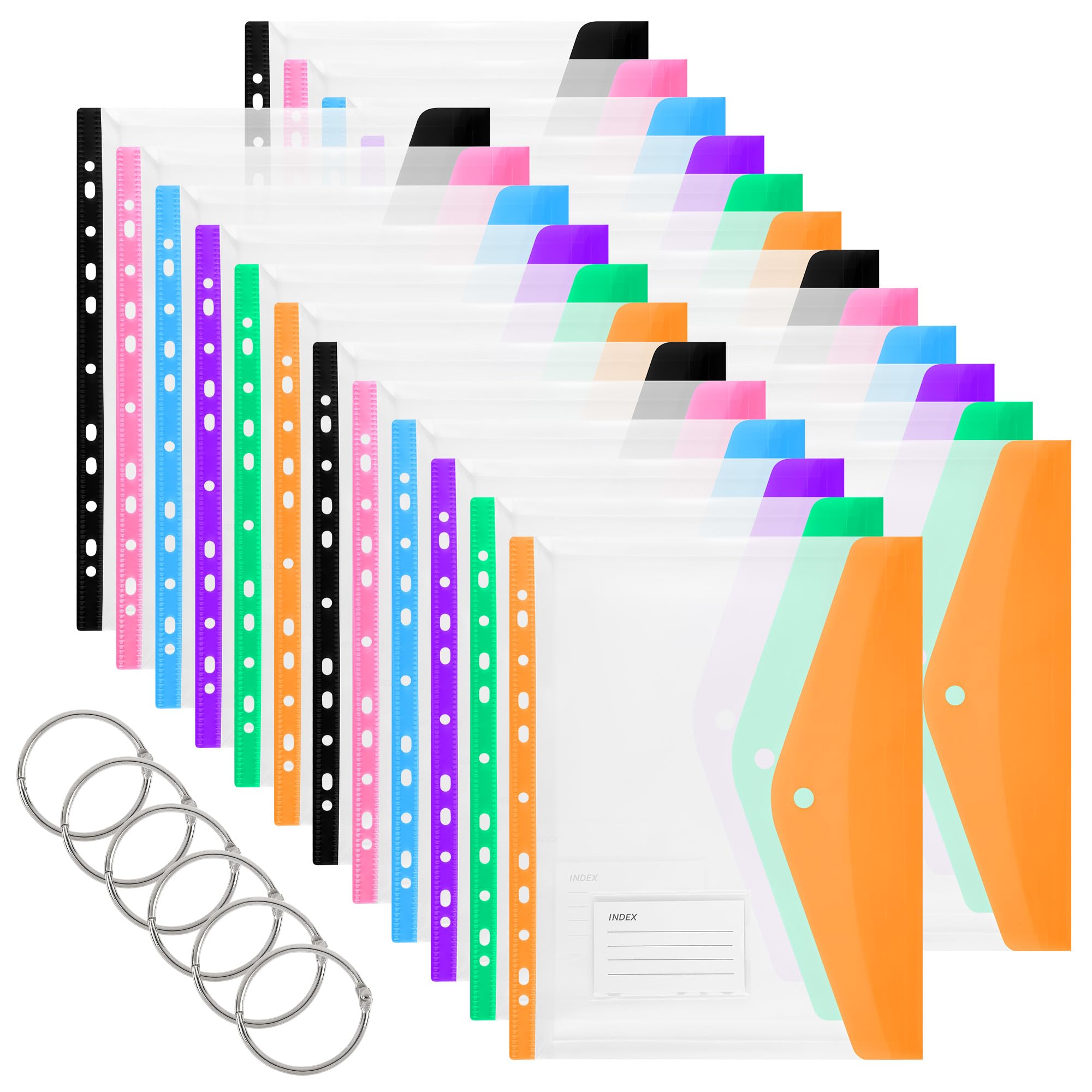 A4 Punched Pockets Plastic Wallets, Quetiyisit 24Pcs File Folders Holders Expandable Transparent Pocket File Jackets for Document Paperwork Clear Envelope with Label Pocket Snap Button Ring Binder