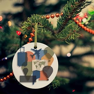 Travel Adventure Ceramic Ornaments, Modern Maps Luggage Hot Balloons Round Porcelain Hanging Ornaments with Gold String, Xmas Decorations Keepsake Gifts for Holiday Home Party 3''