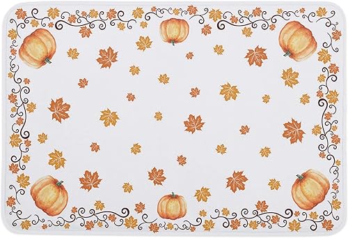 Pumpkin Welcome Bath Mat  Non-Slip Backing Area Rugs, Fall Thanksgiving Maple Leaves Orange Autumn 16x24In