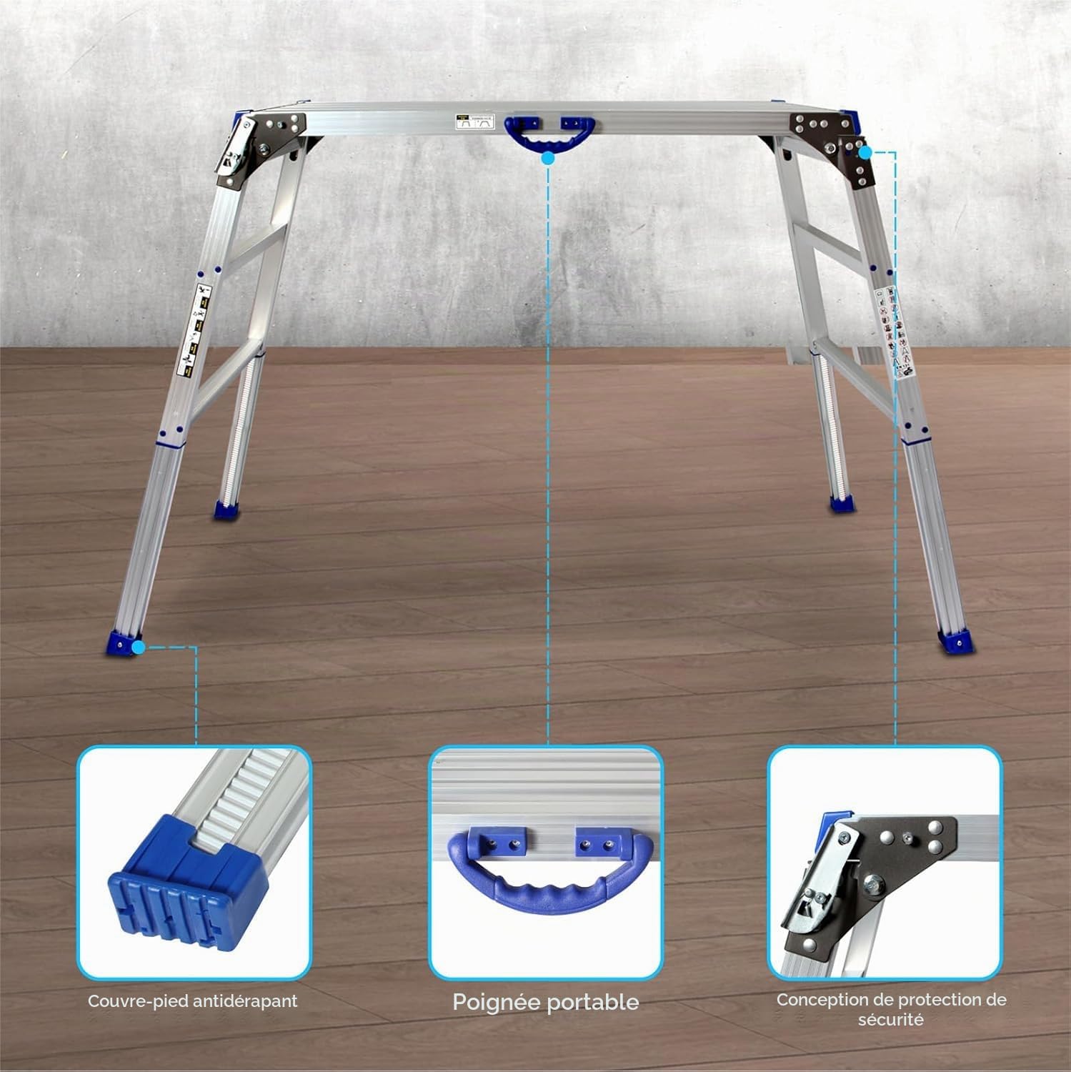 Plateforme de Travail 100x30cm, Escabeau Pliant à 2 marches en Aluminium, Marchepied Réglable en Hauteur, avec Pieds Antidérapants & Serrures de Sécurité, jusqu'à 150kg