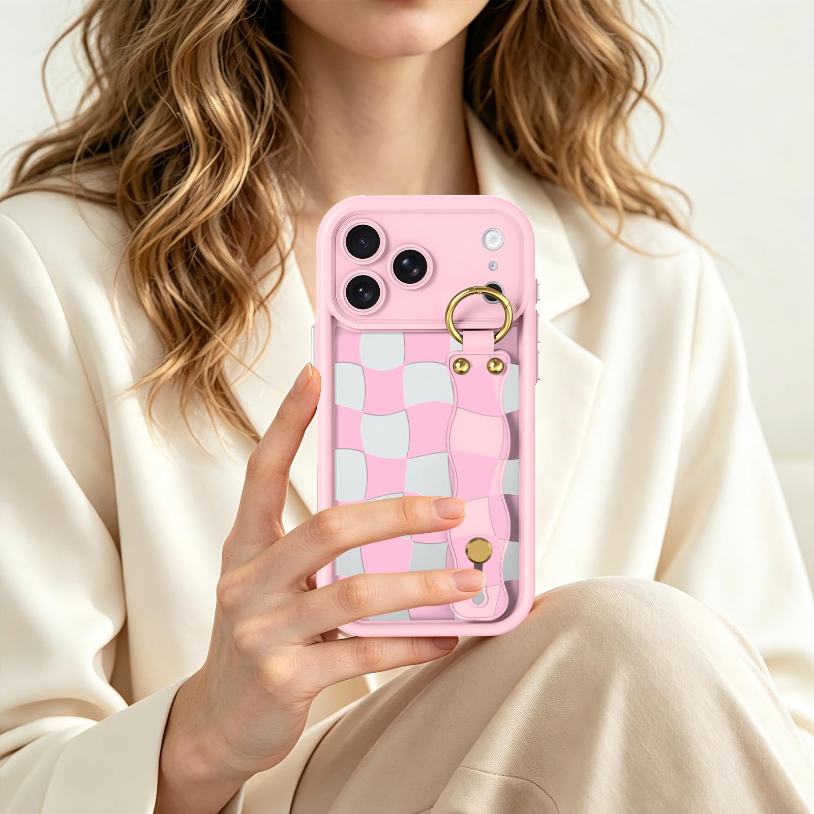 Fiyart Funda a cuadros para iPhone 17 Pro Max con correa de muñeca, soporte