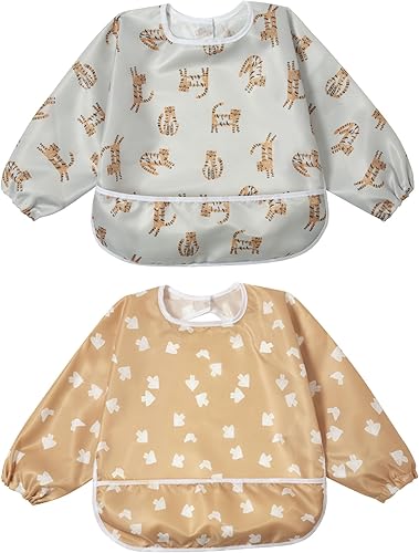 Miniatura 7 de Little Dimsum Baby Bib with Pocket Waterproof Toddler Bibs Infant Feeding Bibs for Boys and Girls, Pack of 2 Colors Conjuntos de flores-l,pato y