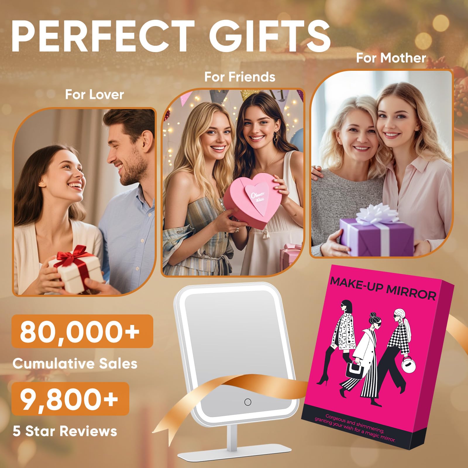 FUNTOUCH Espejo de tocador grande con luces, 4500 mAh, recargable, iluminado con aumento de 30x, 3 luces regulables de color, control táctil, rotación de 360°, regalo para mujer, para dormitorio