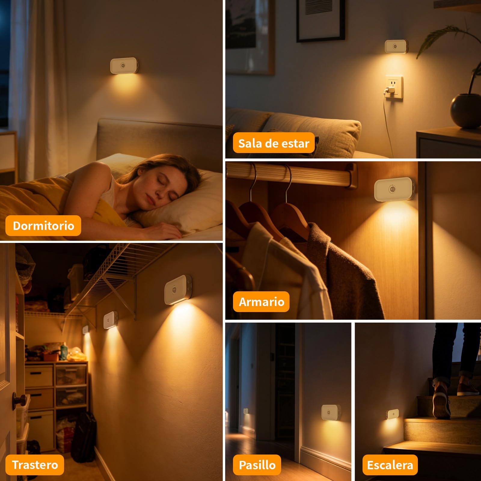 Luz Nocturna con Sensor de Movimiento, [4 Piezas] Recargable Luz Nocturna Infantil con Blanco Cálido, 3 Modos(Auto/Off/Night), Brillo Ajustable, Luz Noche para Niños, Pasillo, Escaleras y Dormitorio