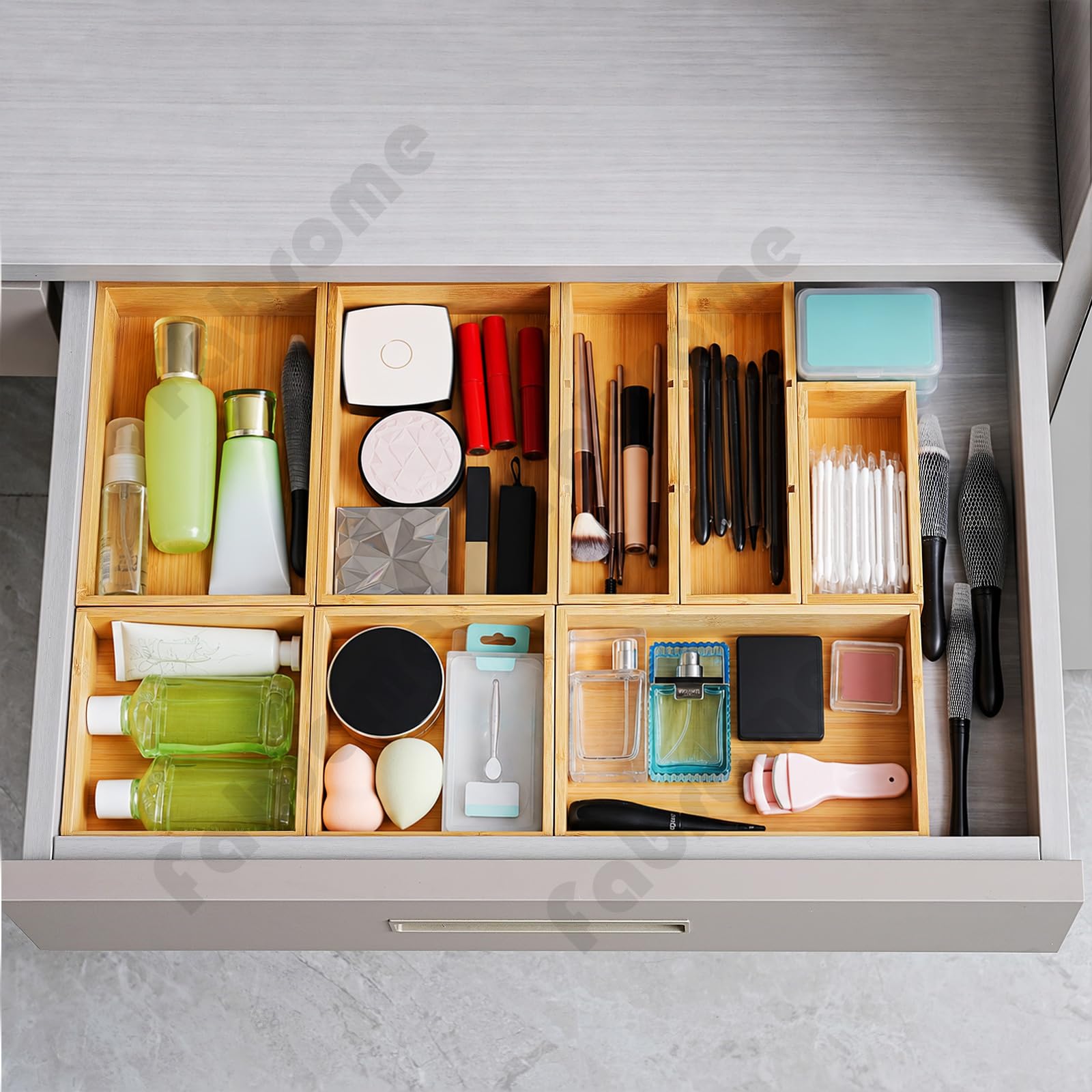 Fabsome Schubladen-Organizer, Bambusholz, für Küche, Make-up, Schreibtisch, Junk, Tee, Schublade, Aufbewahrungsboxen für Besteck, kleine Holzbehälter für Badezimmer, Büro, 9 Stück