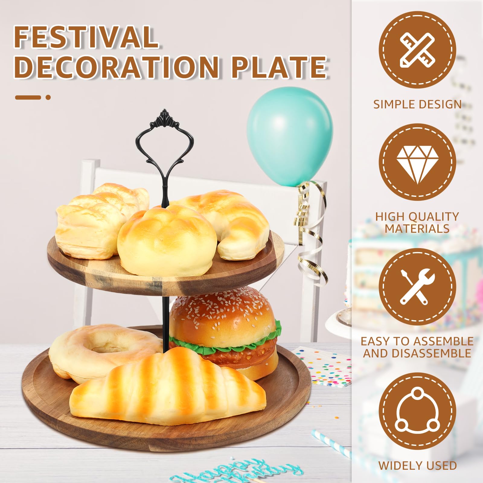 Cupcake Stand with Serving Tray and Metal Rod Rustic Wooden Tiered Cupcake Stand Decorative Tiered Tray Stand Display Dessert Holder for Home, Catering, Fruit and Sweets Display (2 Big Tier)