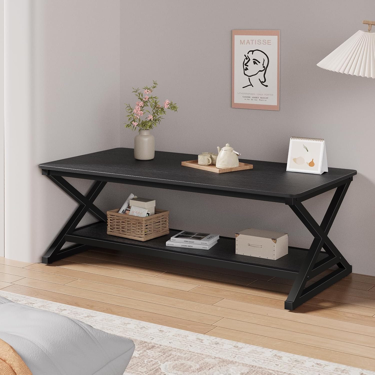 Black Rectangle Coffee Table for Living Room, 47" Modern Minimalist Wooden Metal 2 Tier Center Tables with Storage Shelf, 350lbs Load Capacity, Easy Assembly