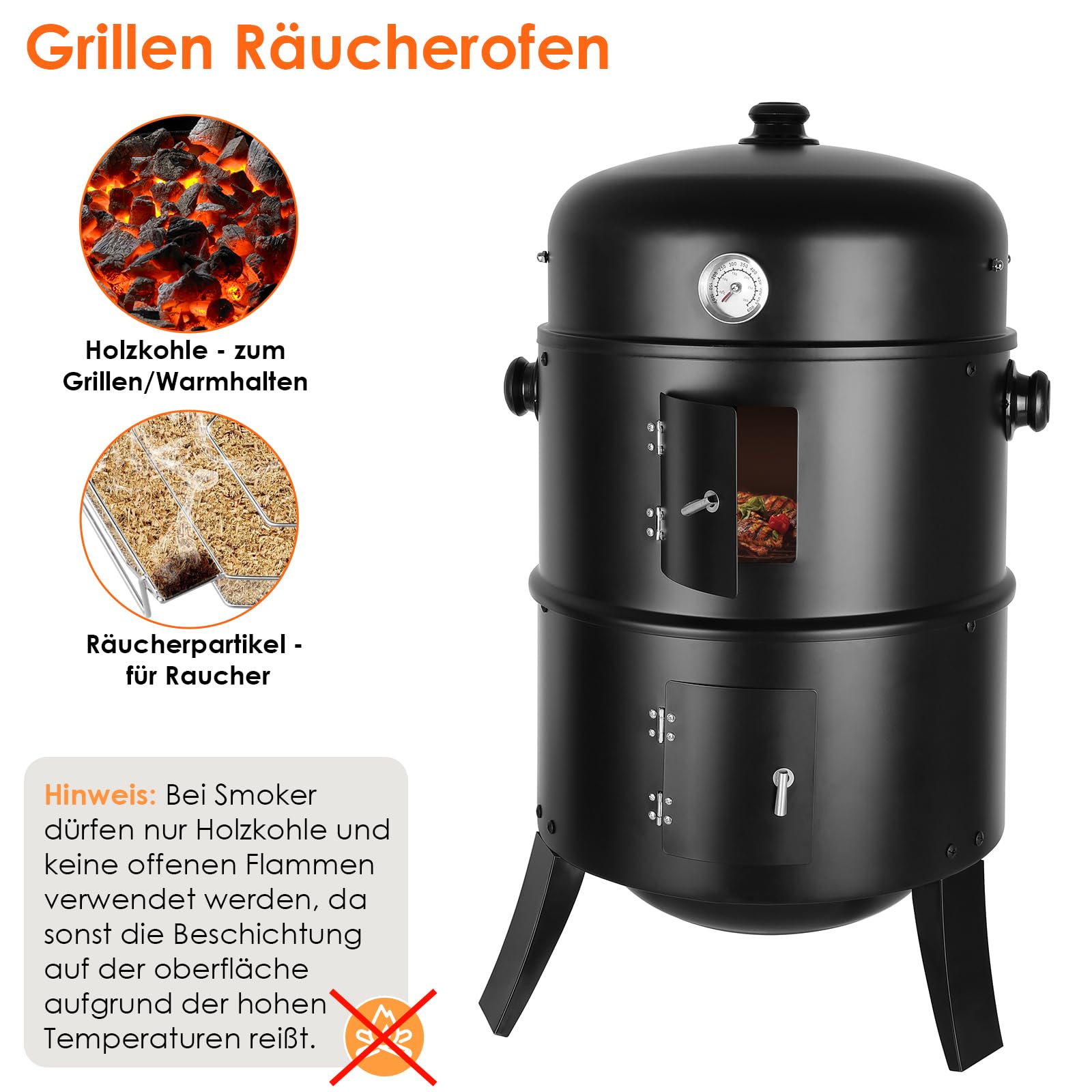 TLGREEN Räucherofen, 3 in 1 Smoker Grill Holzkohlegrill, Räuchertonne Räuchergrill Watersmoker, Räuchern Räucherofen mit Deckel & Thermometer, 2 Grillrost Edelstahl, 2 Wasserschale Emaille