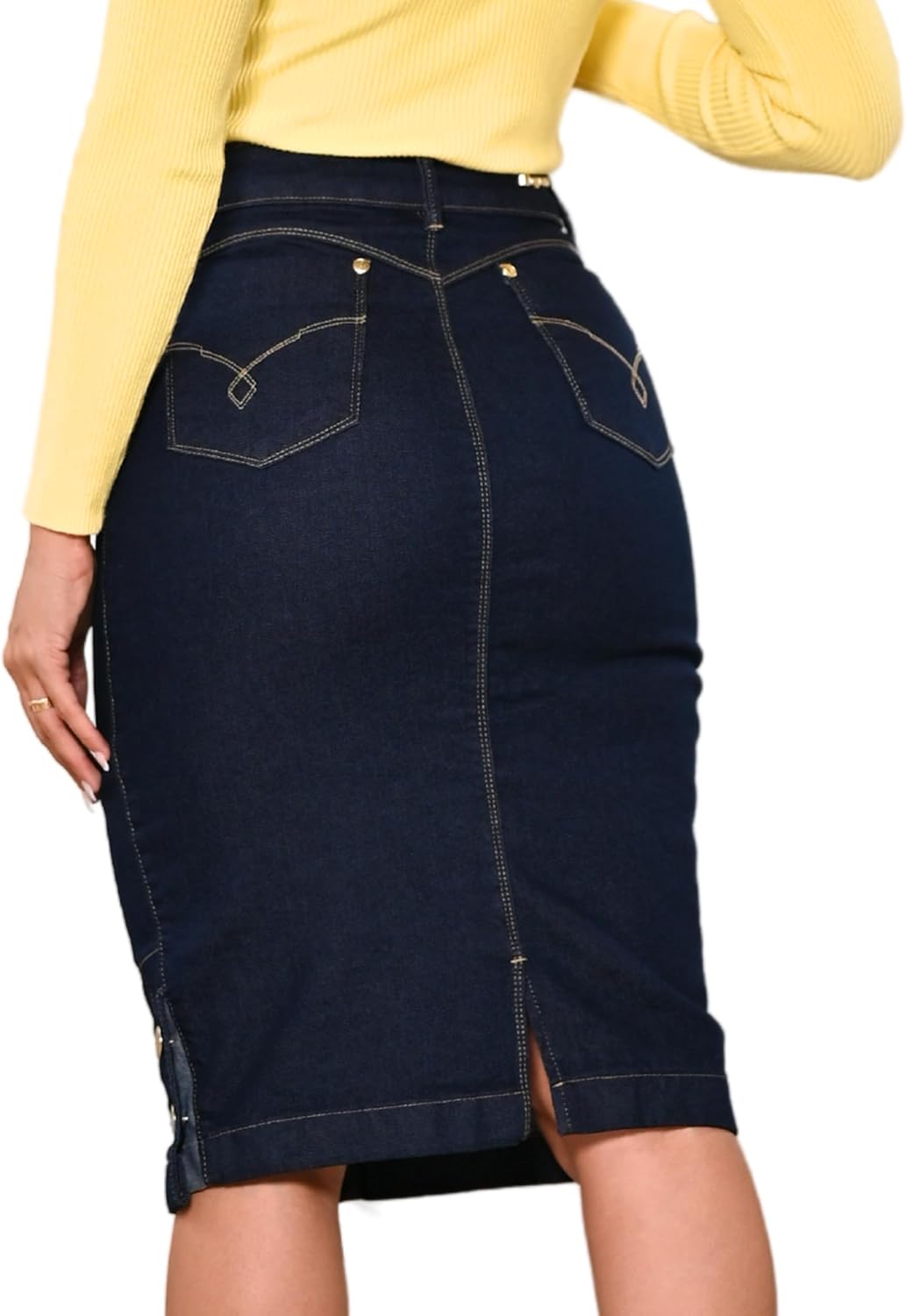 Straight Knee Length Stretch Denim Jean Skirt for Women Size 0-22 Regular and Plus Size Side Button Details - Image 2