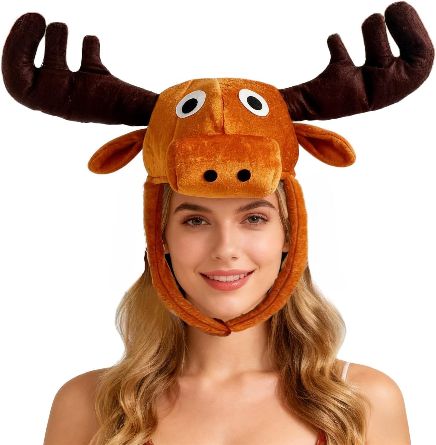 PURFUN Funny Large Antler Moose Earflap Trapper Hat Funny Animal Theme 3D Elk Moose Hooded Cap Men Women Cosplay Halloween Christmas Reindeer Costume Full Hood Hat Headwear Accessory Favor image 4