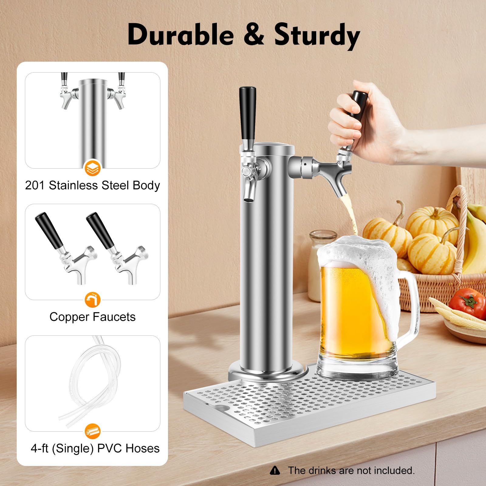 Dispensador de bebidas de acero inoxidable con 2 grifos, para cerveza, color plateado