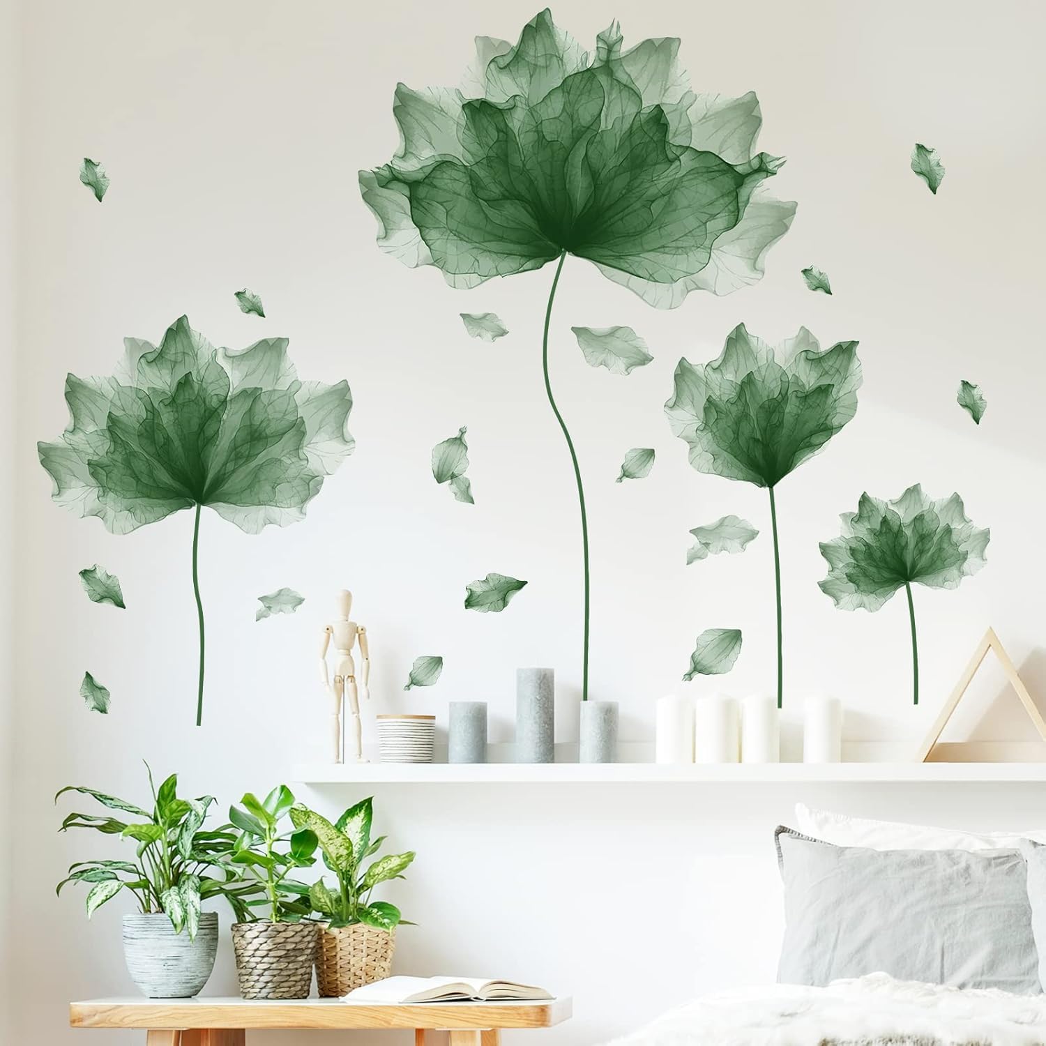 PICASSO SIGNAGE Huge Flower Petal Wall Decals 39.3 x 32.6 Inch | Floral Wall Stickers for Living Room Bedroom Bathroom | Removable Peel and Stick Waterproof Wall Art Home Decor (Matcha Green)