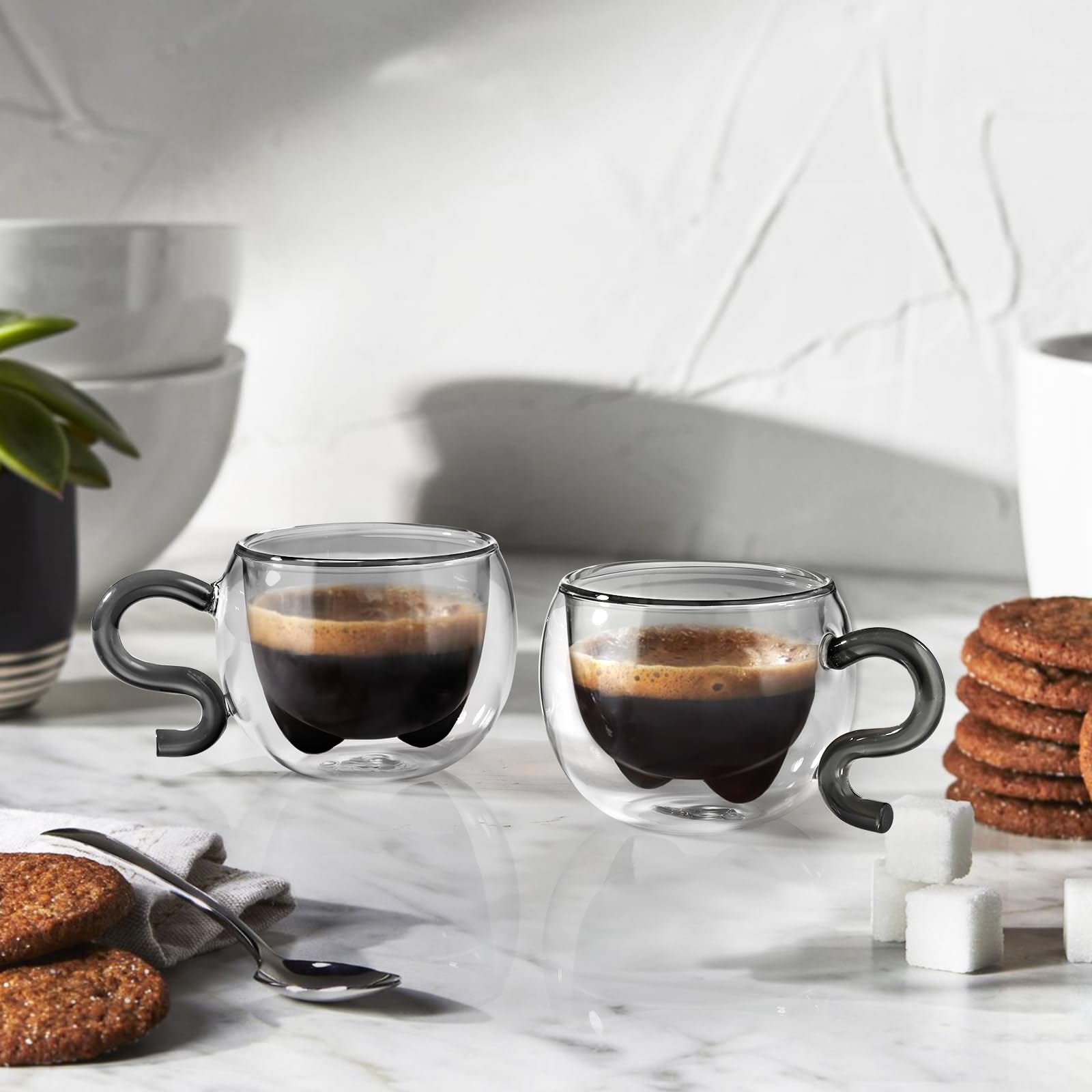 ecooe 2 Pezzi Nero Bicchieri da Caffè a Doppia Parete con Simpatico Gatto 130 ml, Regalo di Compleanno per Donne, Uomini, Mamme, Bambini, Tazza da Caffè Espresso per Caffè Freddo e Latte
