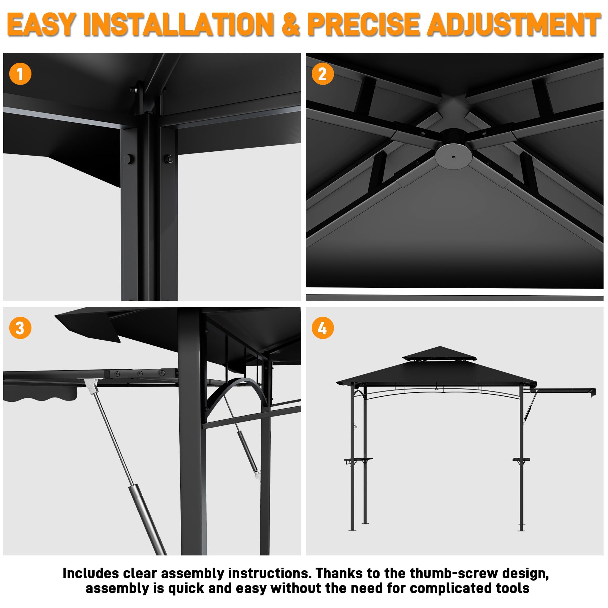 UISEBRT Pavillon da barbecue con tenda laterale estraibile, riparo per barbecue con 2 ripiani, ganci e apribottiglie, doppio tetto resistente agli agenti atmosferici per ventilazione e scarico del