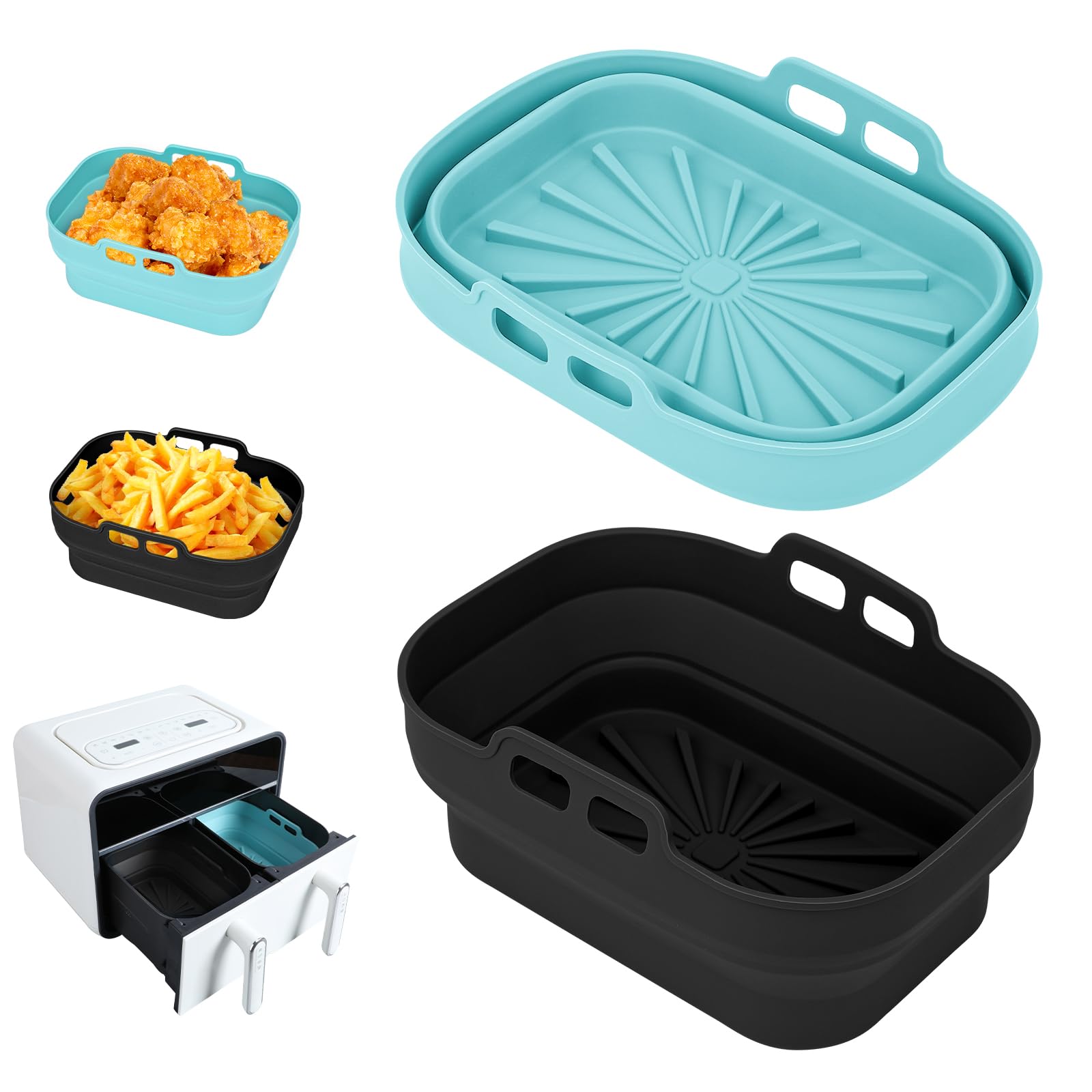 Ceecysaa Silicone Air Fryer Liners 2 Pack, 8.2 Inch Reusable Rectangle Basket, Non-Stick Foldable Silicone Pot Tray for Oven, Microwave, Blue & Black