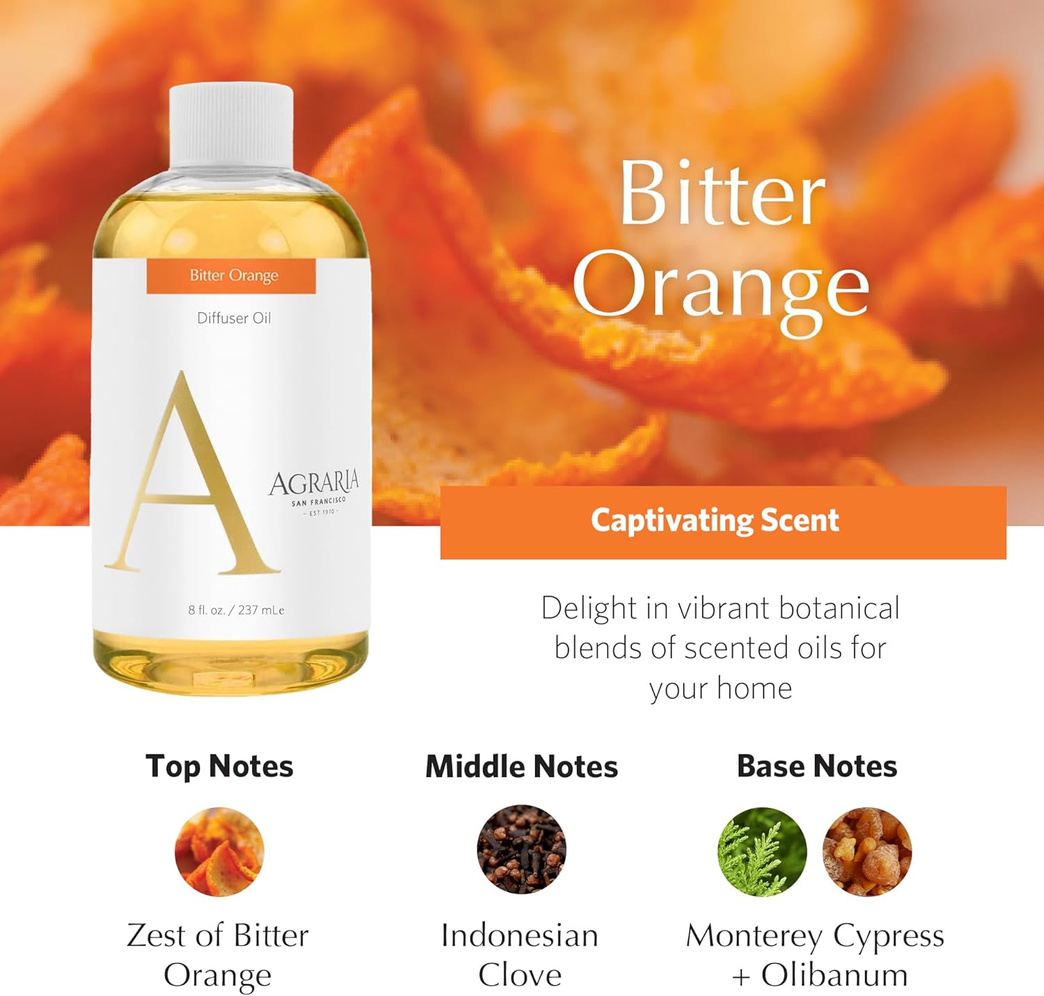 AGRARIA Reed Diffuser Refill, Scented Oil Home Fragrance, Reed Oil Diffuser Gift Set for All Occasions, Bitter Orange