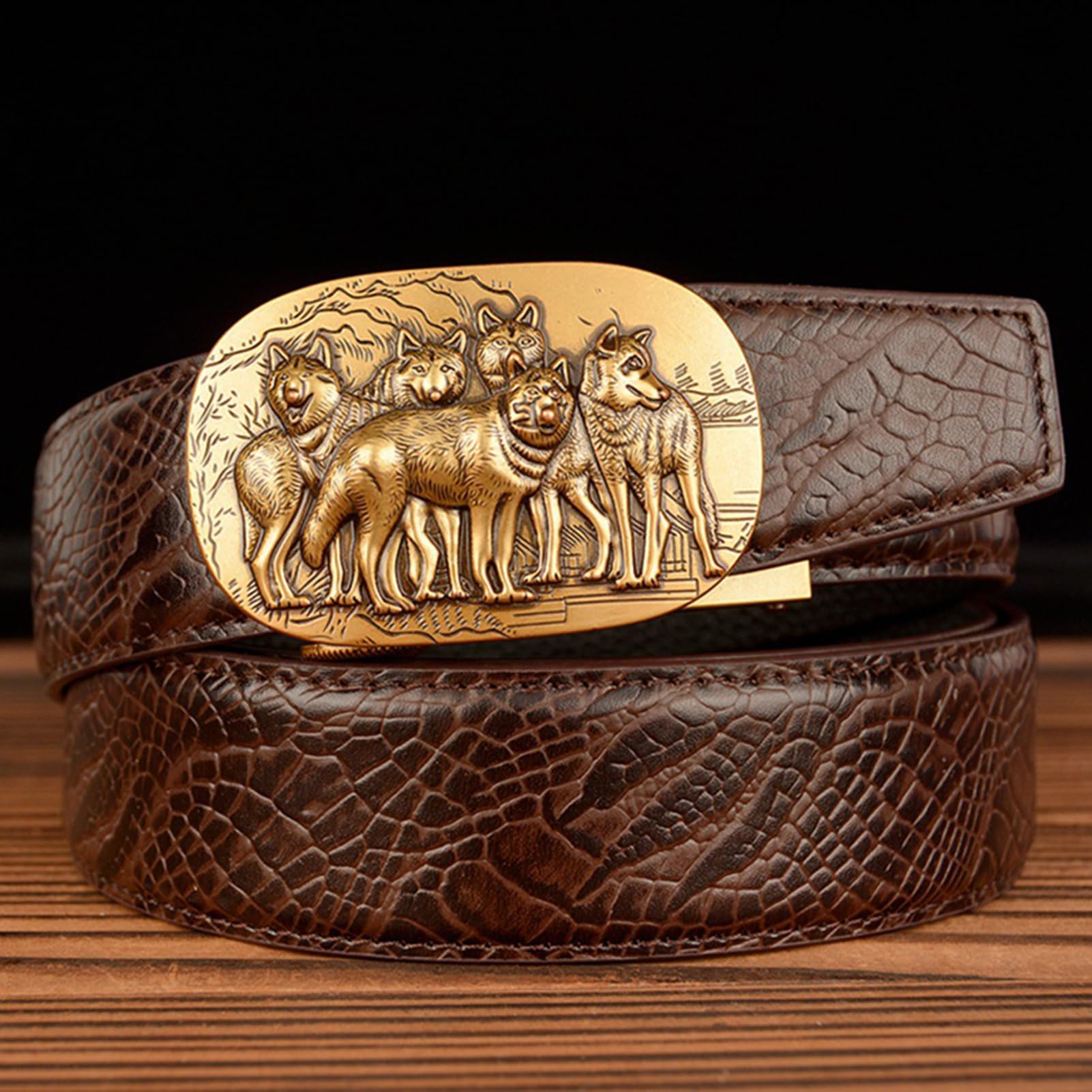 Cinturón De Trinquete Deslizante Con Relieve Cocodrilo Hecho A Mano, Cinturón Piel Vaca Neutra Hebilla Automática Ajustable (cintura 110 Cm/37 Pulgadas, Marrón)