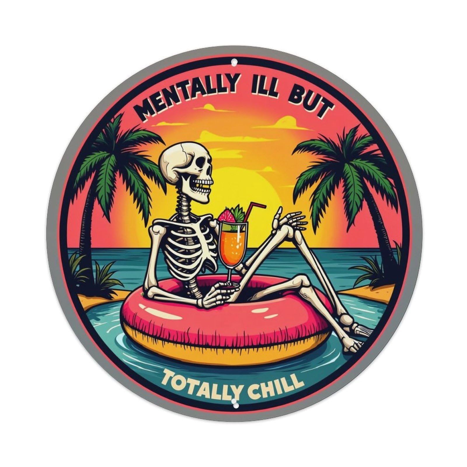 Skeleton Relaxing On Float Retro Metal Tin Sign, Vintage Metal Poster for home, Gaming Room, Studio Workshop,Bar,Garage Wall Art Decor 8x8 inch