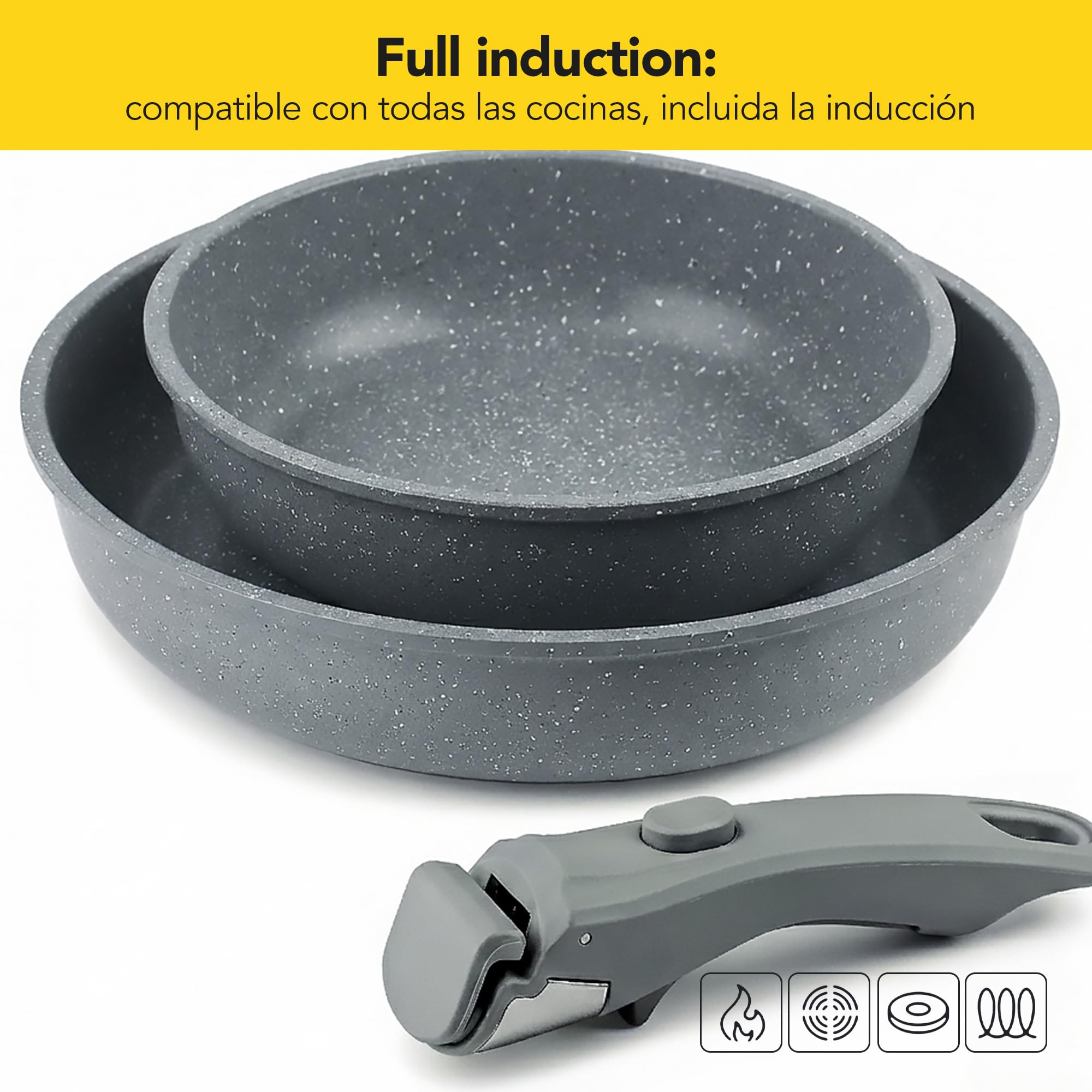 CASTEY - Batería de Cocina 8 Piezas, Modelo BAT-C8GR, Acero Inoxidable 18/10, Base de Aluminio, Recubrimiento Antiadherente Sin PFOA, Sartenes, Ollas y Cacerolas con Tapa y Mango Extraíble, Gris