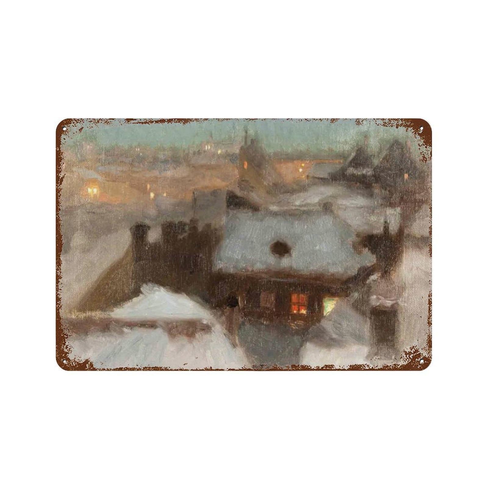 xiaoxiaoshen Winter Countryside Oil Painting, Snow Scene And Cottage Wall Decor Art Metal Tin Poster Modern Home Decor Art Home Bar Shop Decorations Vintage Sign 20x30cm
