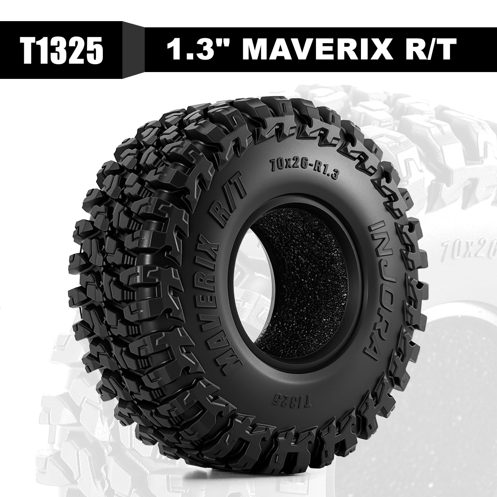 INJORA 1.3" MAVERIX R/T Tires 70 * 26mm for TRX4M SCX24 1/18 1/24 RC Crawlers (T1325), Black, 70mm x 26mm - Image 3