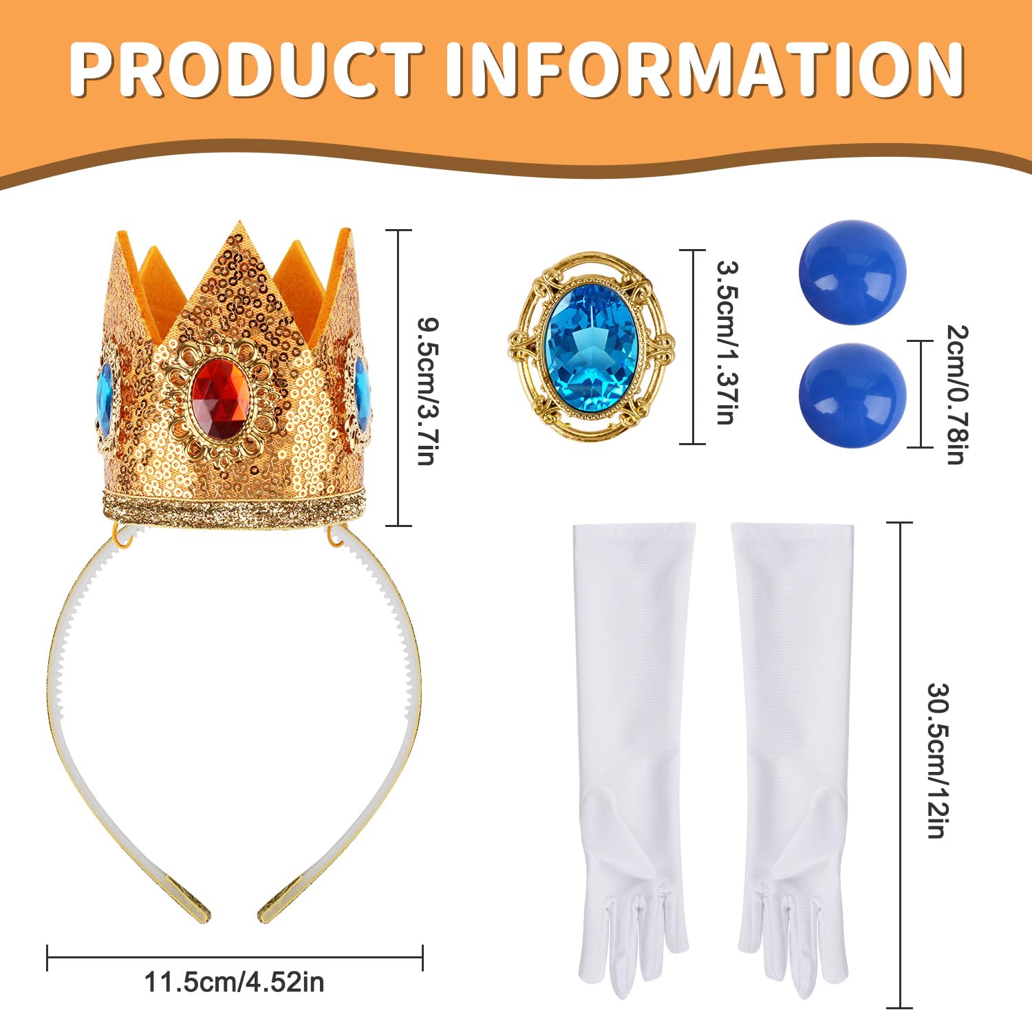RNHDLY Princess Peach Costume Accessories 4 Pieces Women's Set including Crown, Earrings, Gloves - Image 2
