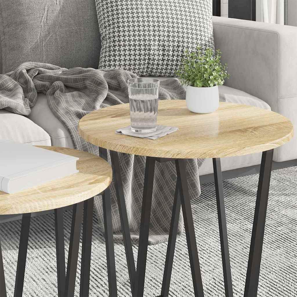 Juego de mesa auxiliar de 2 piezas de roble Sonoma y negro, mesas de centro redondas con marco de metal, prácticos estantes para sofá, salón, oficina, rincón de lectura, decoración y bebidas