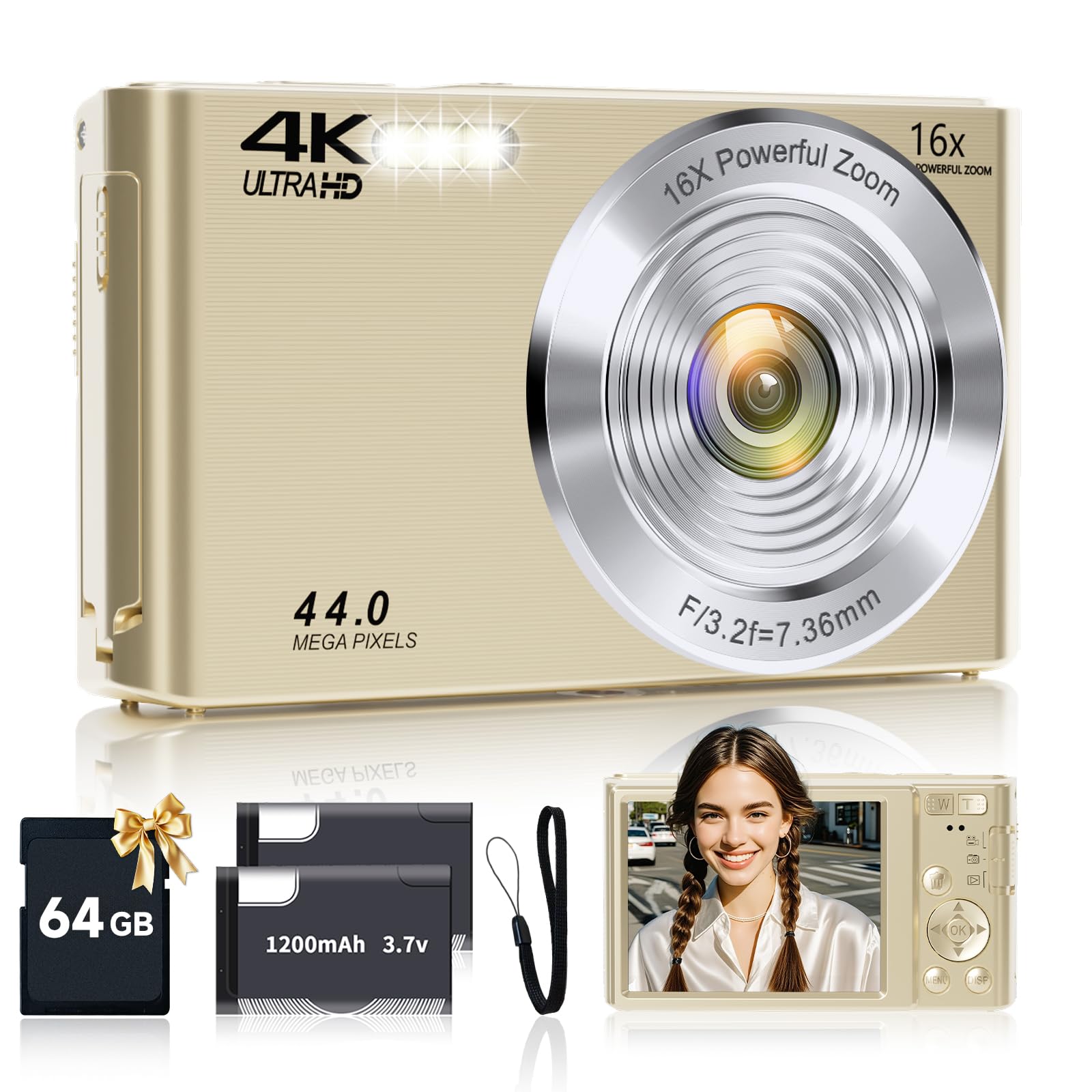 Digital Camera, FHD 4K 44MP Digital Camera Autofocus with 64GB SD Card 16X Digital Zoom, Gold Cameras for Photography Portable Compact Point and Shoot Camera for Teens Adult Kids Gift-image-21
