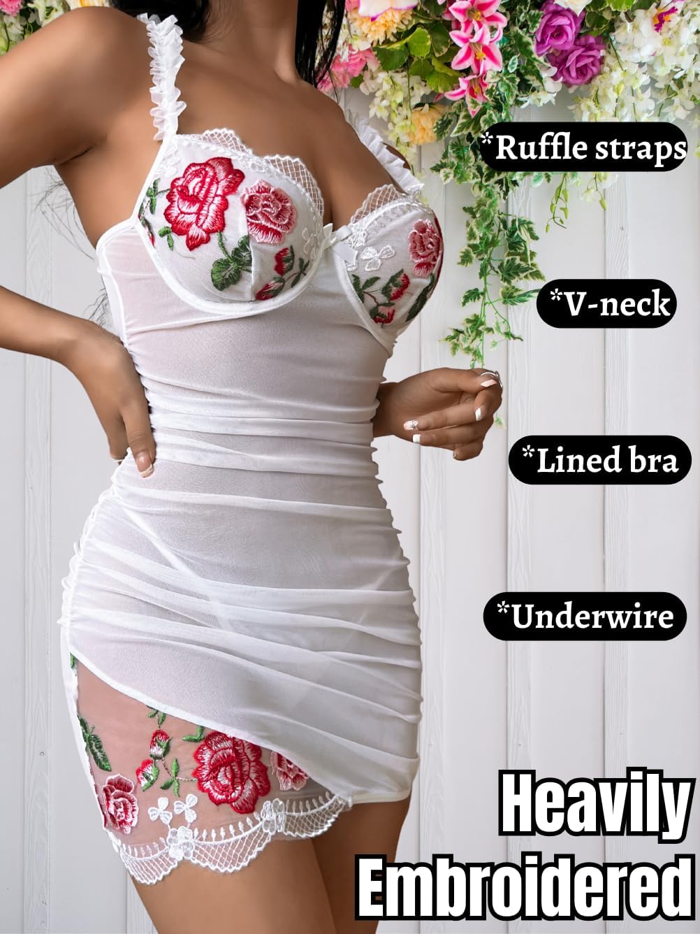 ShawGobow Floral Lingerie Dress,Scrunch Butt Sheer Mesh Sexy Night Gowns For Women,Boudoir Outfits Bridal Wedding Honeymoon